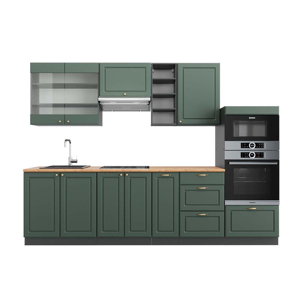 KÜCHENZEILE Fame-Line Grün-Gold Landhaus/Anthrazit 280 cm, AP Eiche - Anthrazit/Grün, Holzwerkstoff (280/81.6/60cm) - Vicco