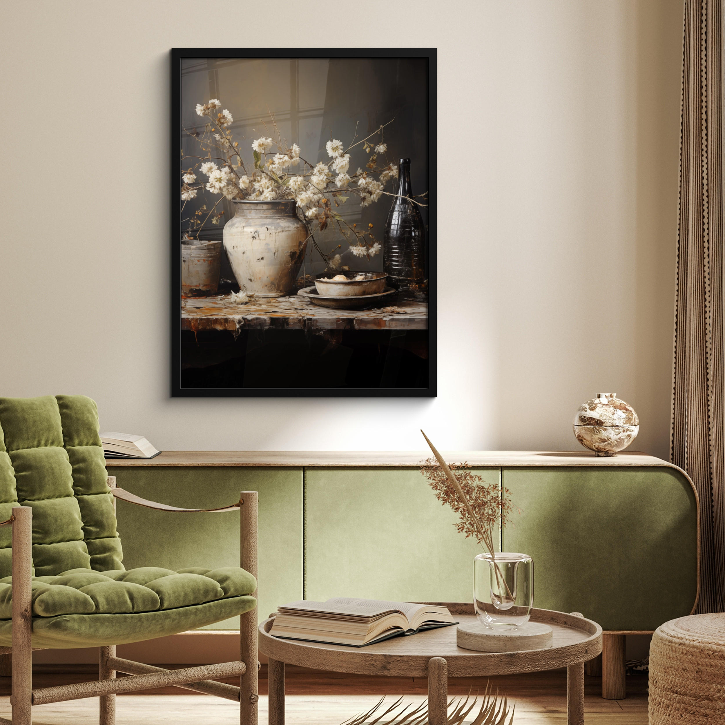 GERAHMTES BILD Stilleben - Blumen - Blumenstrauß - Vase - Wein 60x80 cm - Schwarz, Papier (60/80cm) - MuchoWow