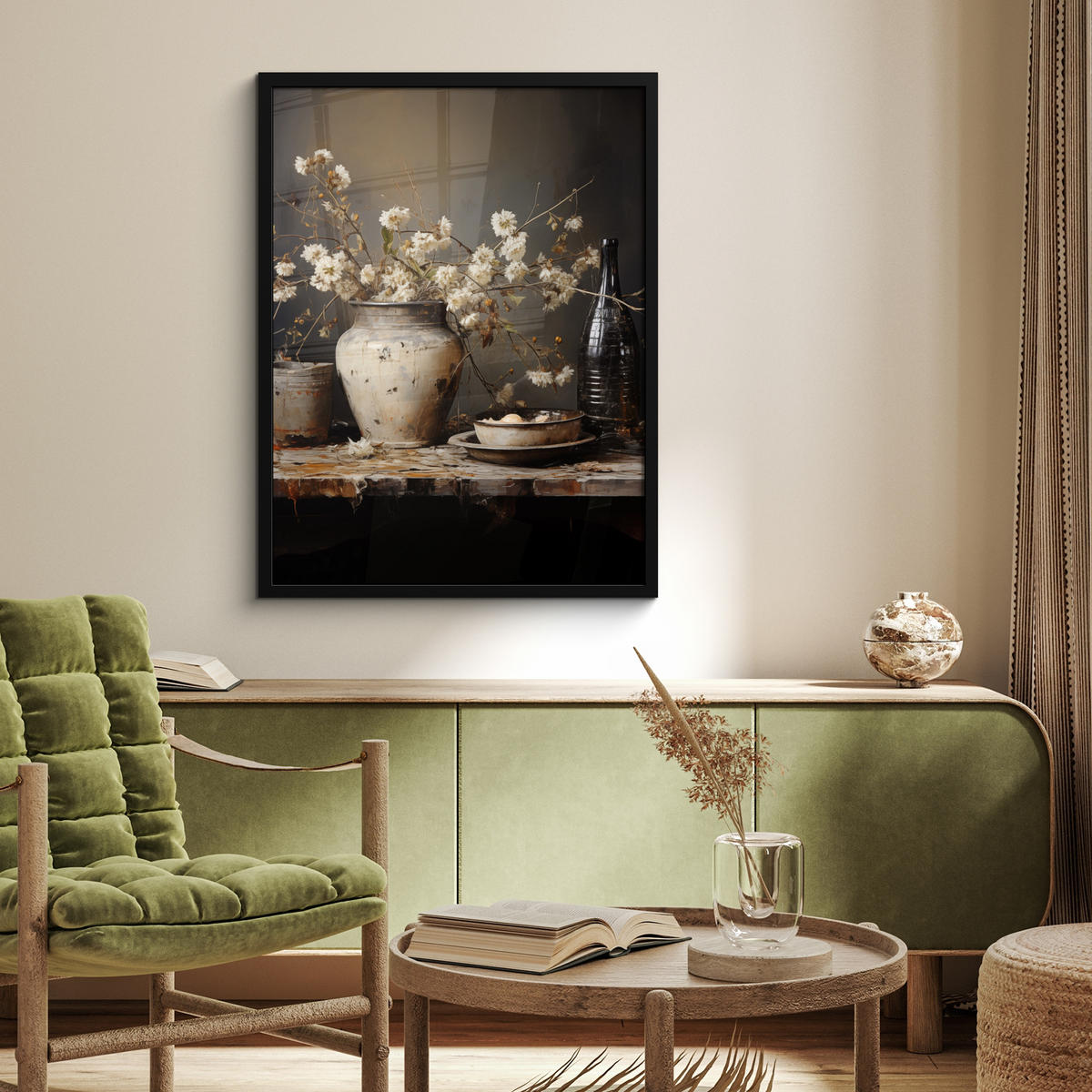 GERAHMTES BILD Stilleben - Blumen - Blumenstrauß - Vase - Wein 60x80 cm - Schwarz, Papier (60/80cm) - MuchoWow
