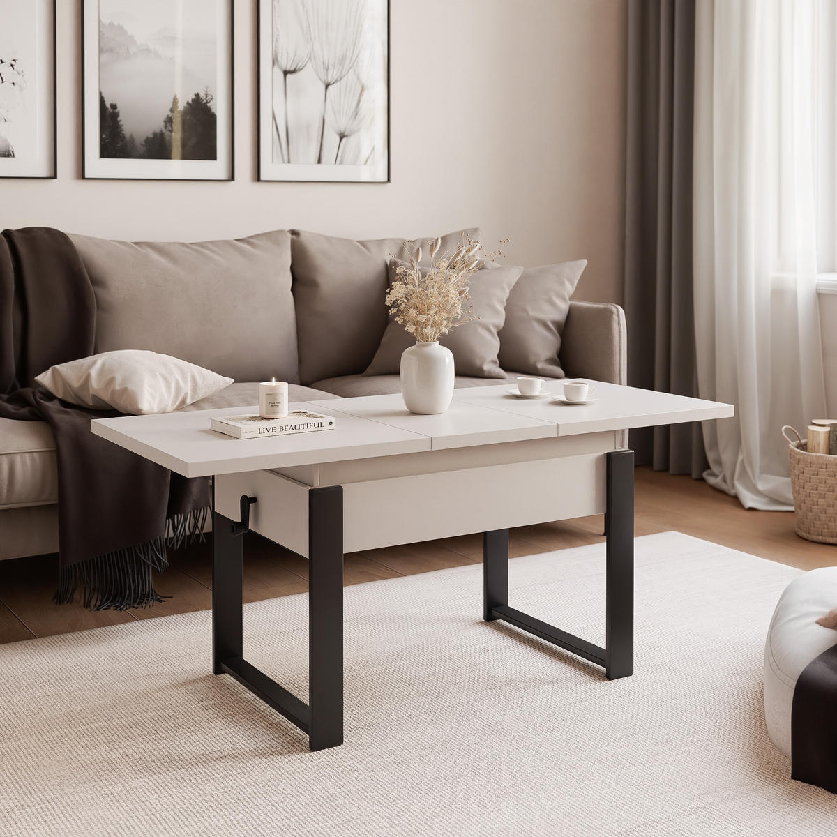 COUCHTISCH TIVOR Multifunktionalität 3-in-1 - Kaschmir/Schwarz, Holzwerkstoff/Metall (67/120/63.5cm) - Idohome