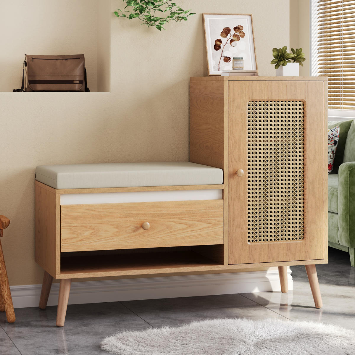 SCHUHSCHRANK Rattan Bank Sitzpolster Schubladen Stauraum - Naturfarben, Holz (95.5/80.5/35cm) - LEBENLANG