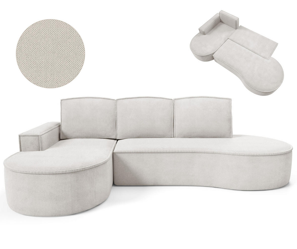 ECKSOFA MOLLY mit Schlaffunktion – Halbrund, freistehend, Liegefläche 140x207 cm, 3 Kissen, Abriamo-Stoff, 277x157x88 cm, Links Weiß - Creme, Holz/Textil (157/277cm) - DomoHome