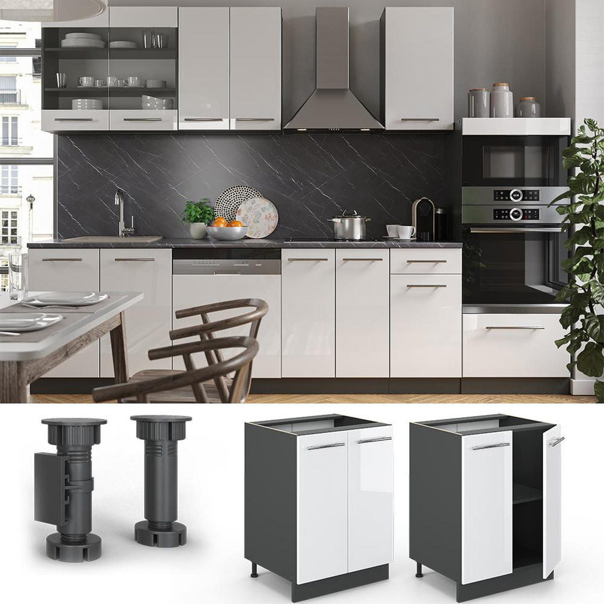 KÜCHENUNTERSCHRANK Fame-Line Weiß Hochglanz 60 cm , AP Anthrazit - Weiß Hochglanz/Anthrazit, Holzwerkstoff (60/82/60cm) - Vicco