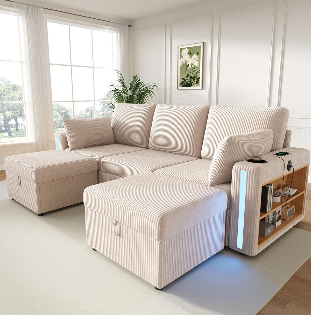 SOFA modulares U-/L-Form 190 x 130 x 85 cm Cord Beige 2 Hocker - Beige, Holz (130/85/190cm) - Meubliv