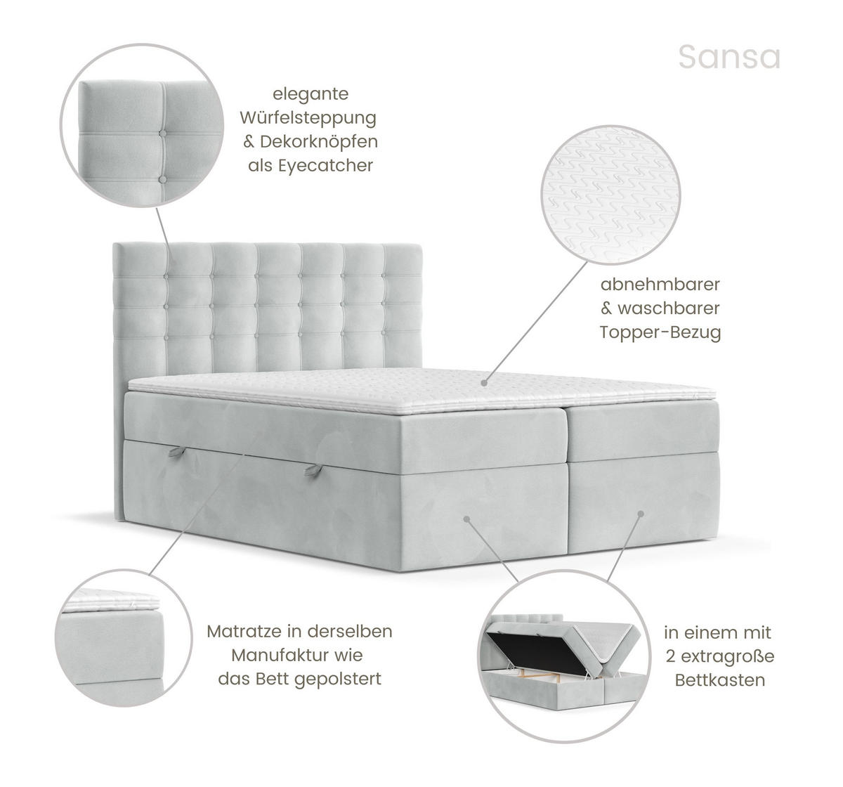 BOXBETT Sansa Hellgrau 120/200 cm mit Taschenmatratze und Topper - Hellgrau/Schwarz, Holz/Holzwerkstoff (120/200cm) - Maison de Reve