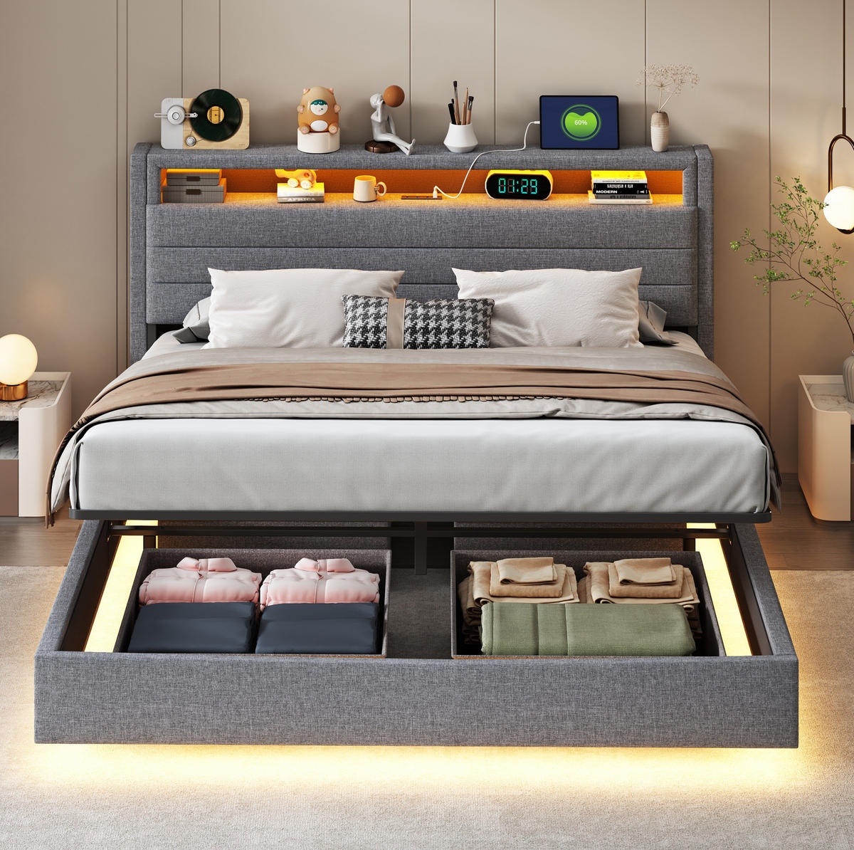 TAPECIRANI krevet 160/200 cm sivi od tkanine s LED rasvjetom, USB priključkom i spremištem - siva, tekstil (160/200cm) - OKWISH