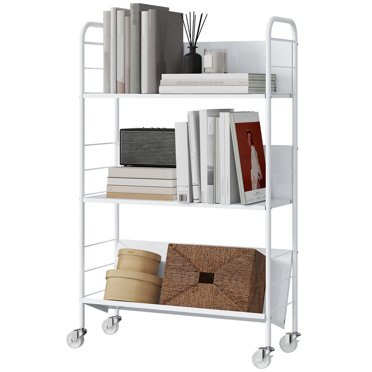 BÜCHERREGAL DE-09381 3 Ebenen mit Rollen Weiß - Weiß, Metall (26/108/69cm) - ComfortXL