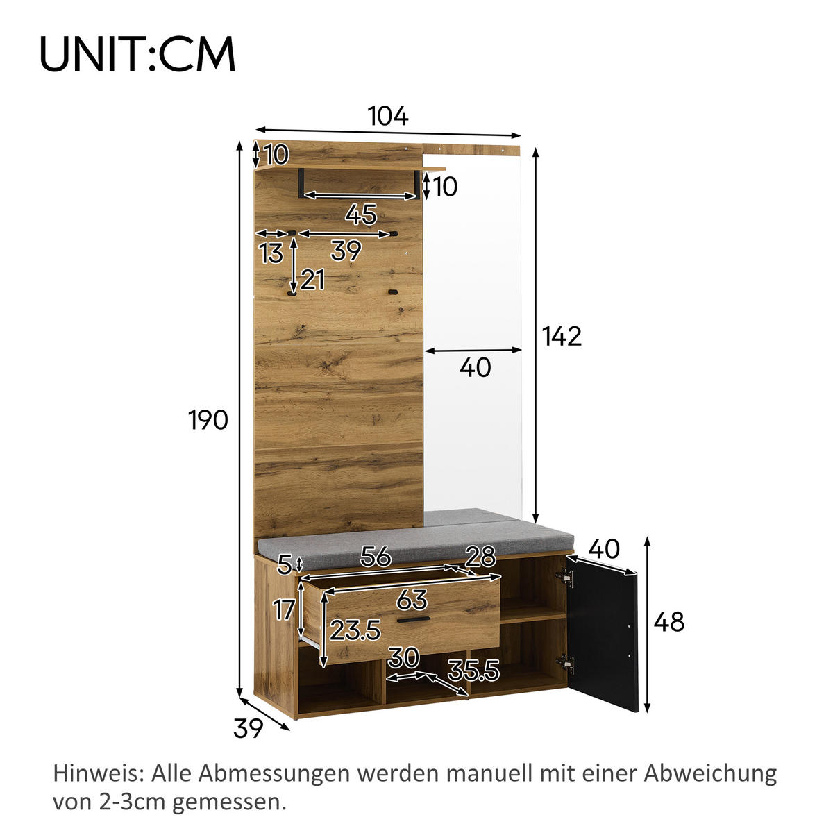 GARDEROBENSET Holzoptik Eiche mit Spiegel & Schuhbank - Eiche San Remo, Holzwerkstoff (104/190/39cm) - Urban Meuble