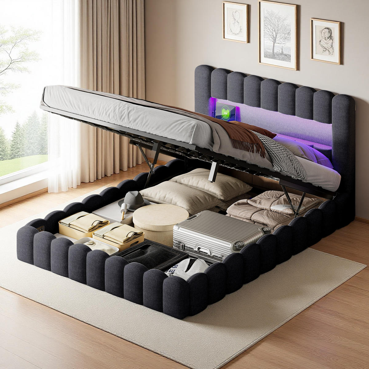 POLSTERBETT 140x200 cm LED Hydraulik Stauraum Lattenrost Leinen grau - Grau, Holz (140/200cm) - LEBENLANG
