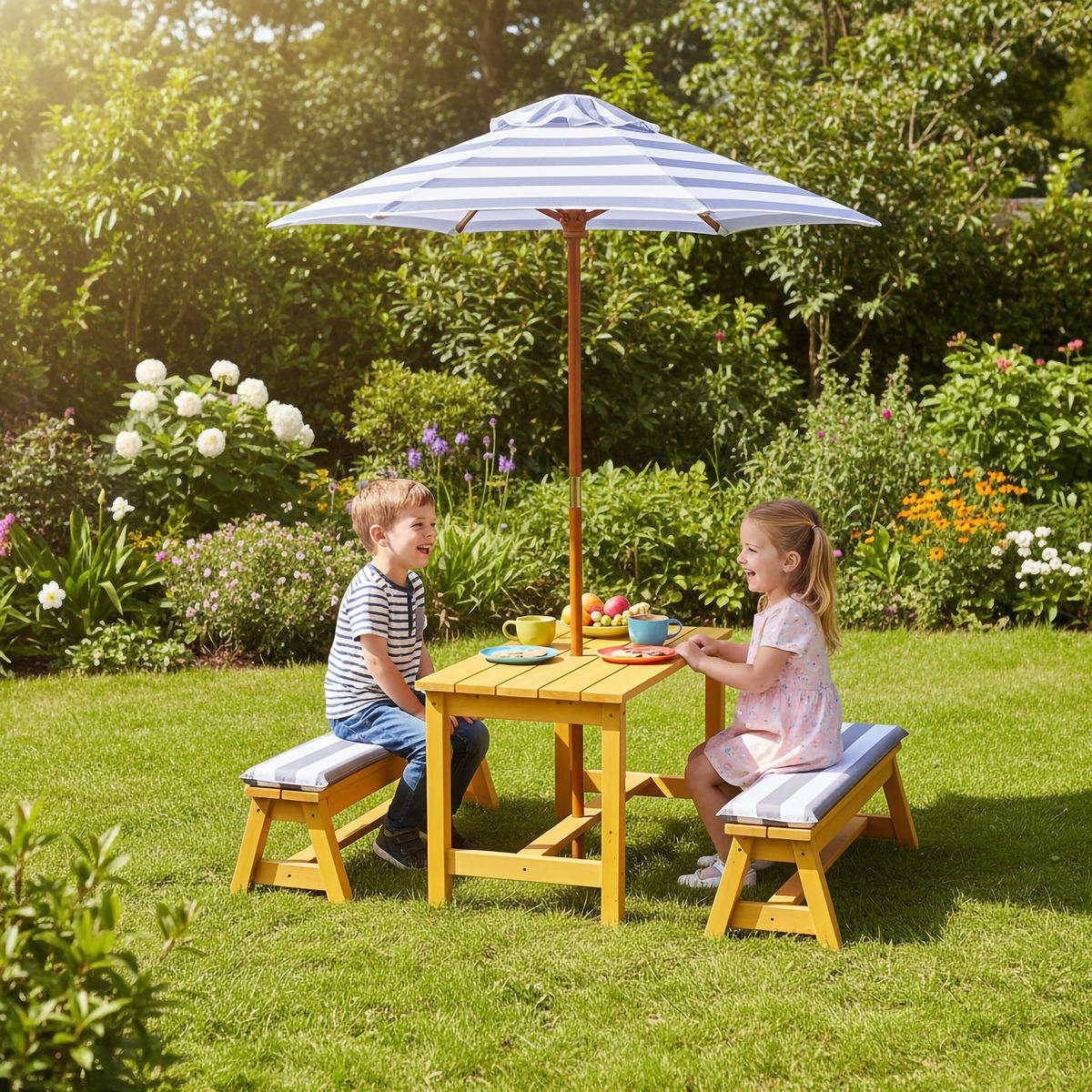 KINDERSITZGRUPPE Orange mit Sonnenschirm - Hellbraun, Holz/Textil - Relaxdays
