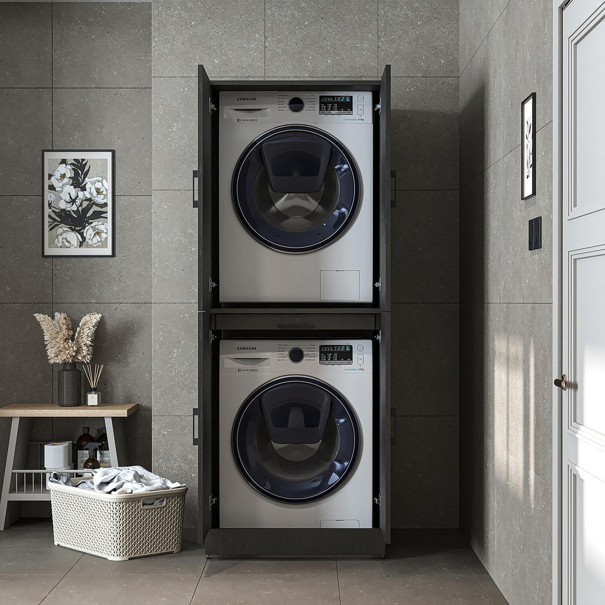 WASCHMASCHINENSCHRANK DORA-I 70cm Breit - Schwarz, Holzwerkstoff (70/186/74cm)