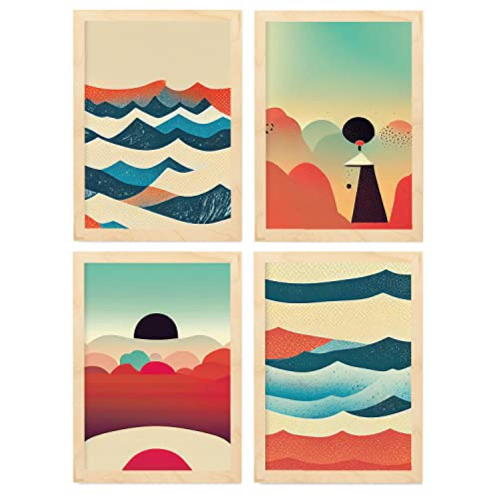 POSTER Set mit 4 Wolken Abstrakt Moderne Galaxien A4 Rahmen aus hellem Holz - Beige, Papier (29.7/3cm) - Nacnic
