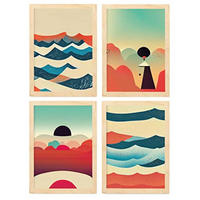 POSTER Set mit 4 Wolken Abstrakt Moderne Galaxien A4 Rahmen aus hellem Holz - Beige, Papier (29.7/3cm) - Nacnic