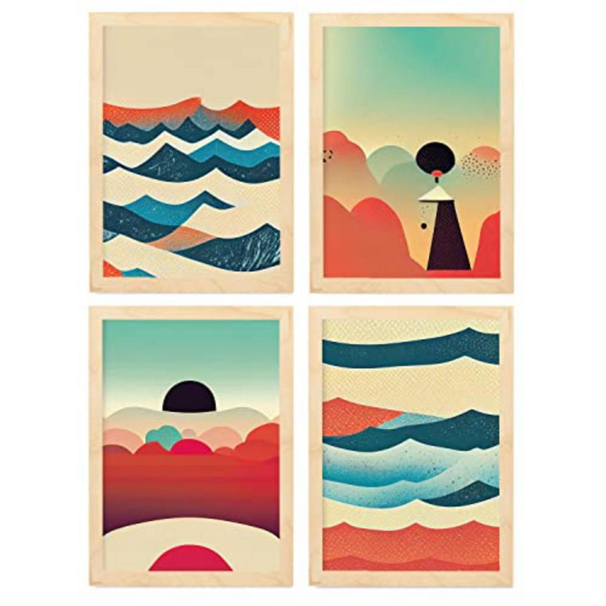 POSTER Set mit 4 Wolken Abstrakt Moderne Galaxien A4 Rahmen aus hellem Holz - Beige, Papier (29.7/3cm) - Nacnic