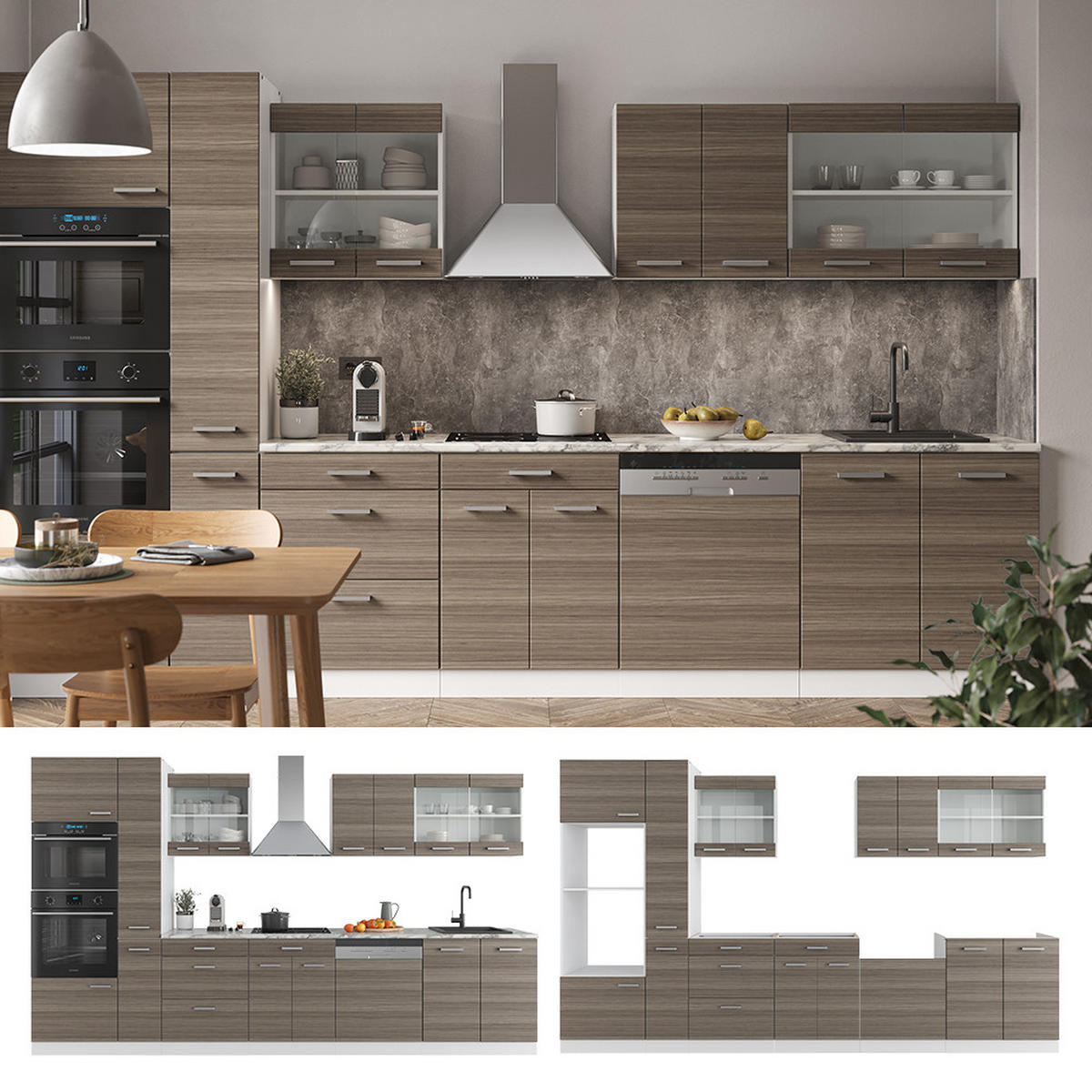 KÜCHENZEILE R-Line Edelgrau/Weiß 350 cm mit Hochschrank, AP Marmor - Braun/Weiß, Holzwerkstoff (350/81.6/60cm) - Vicco