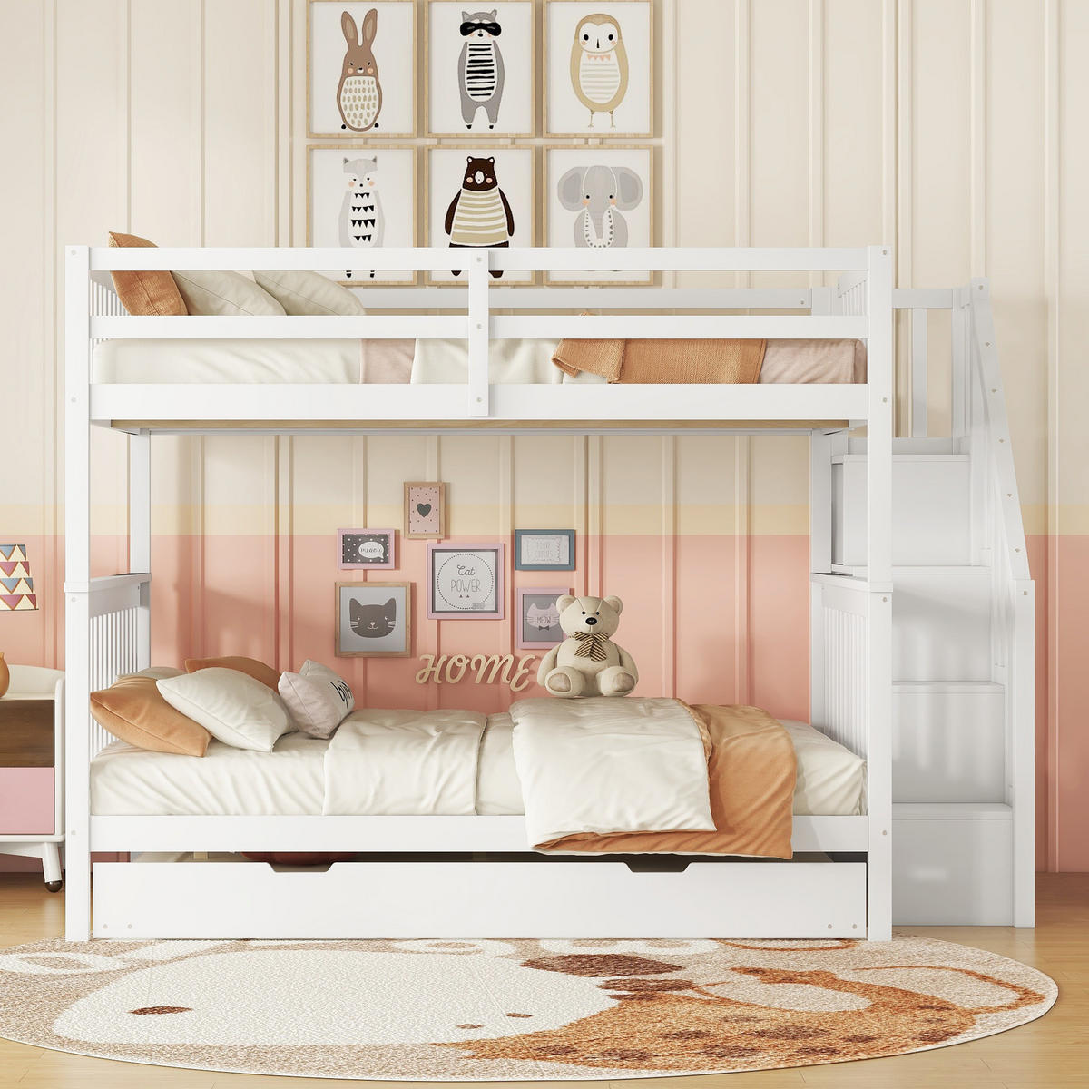 ETAGENBETT 140/200 cm Weiß mit ausziehbarem Rollbett und hohen Geländern aus Kiefernholz - Weiß, Holz (140/200cm) - OKWISH