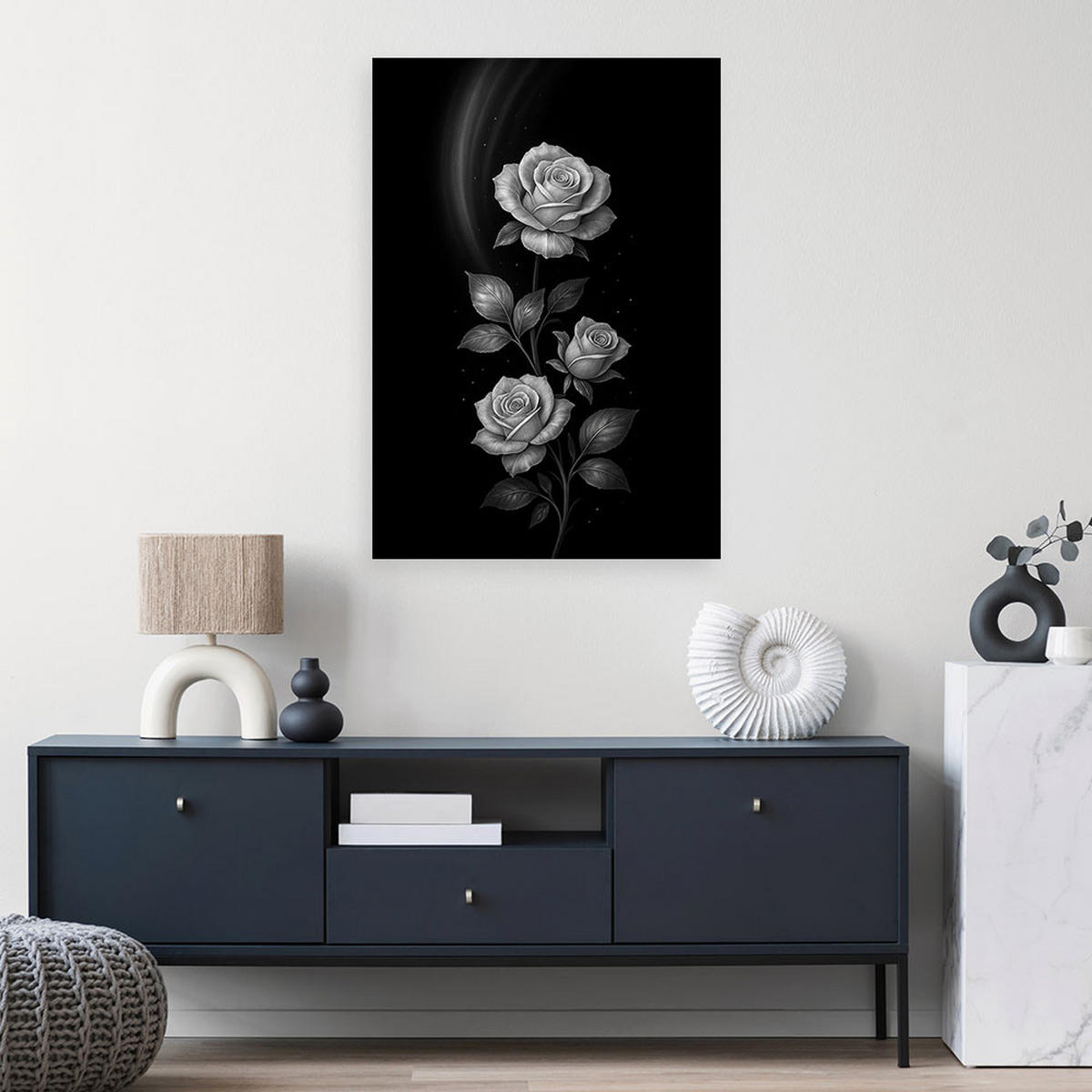 LEINWANDBILD Blumen Silberne Rosen 80x120cm - Schwarz, Textil (80/120cm) - Feeby