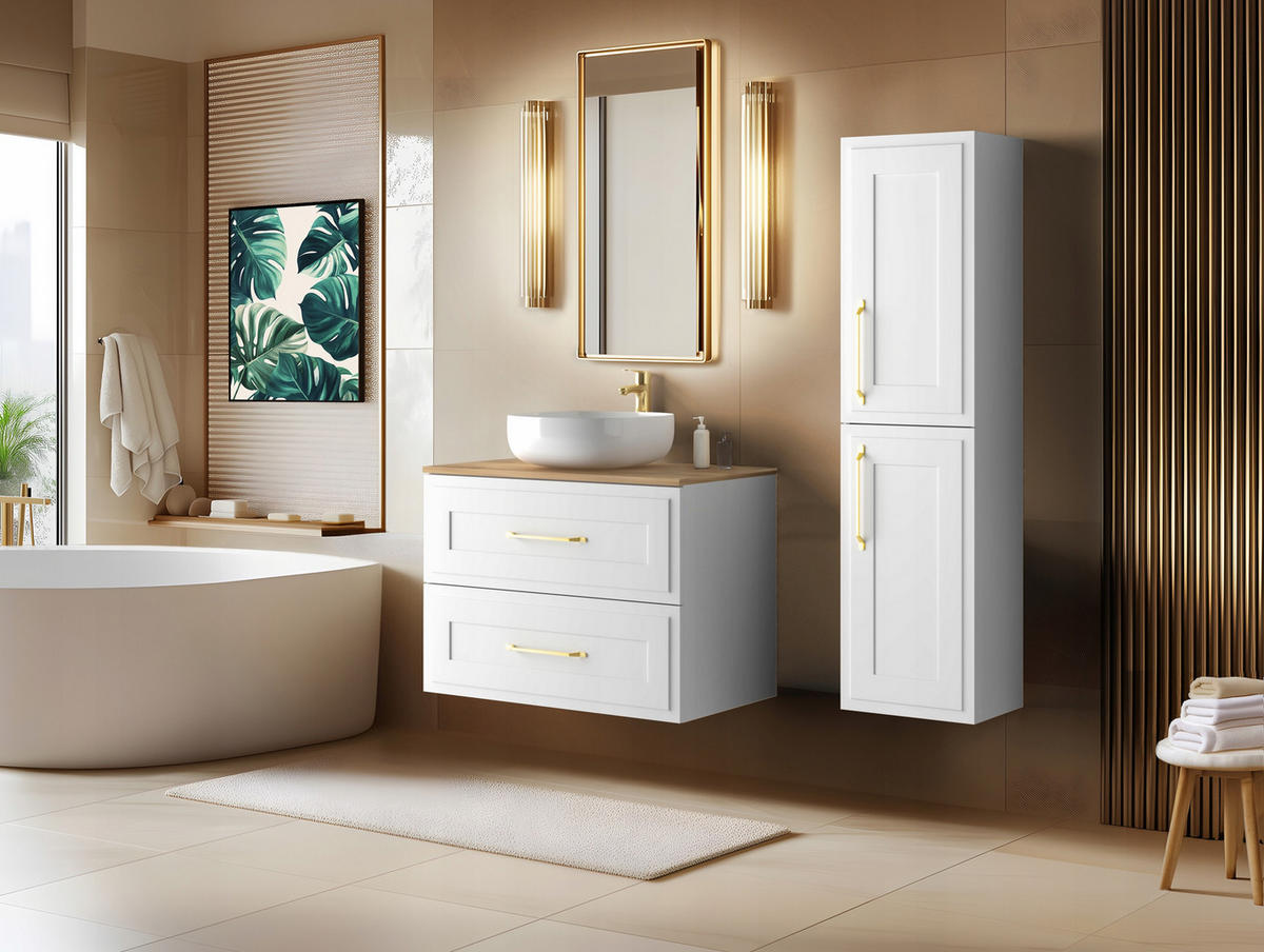 WASCHBECKUNTERSCHRANK + HÄNGESÄULE CLASSIC 80cm Mattwitte - Weiß, Holzwerkstoff (80/58/46cm) - Rodan