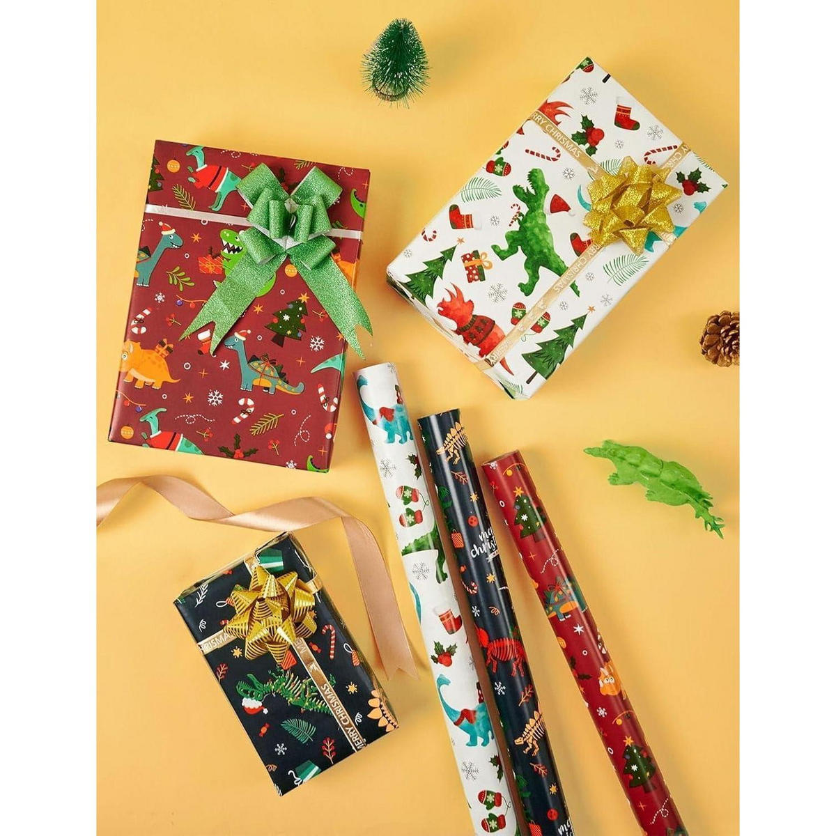 GESCHENKPAPIER 3 Rollen Set Dinosaurier Weihnachten 43 cm x 3 m - Multicolor, Papier (76/3.5/10cm)