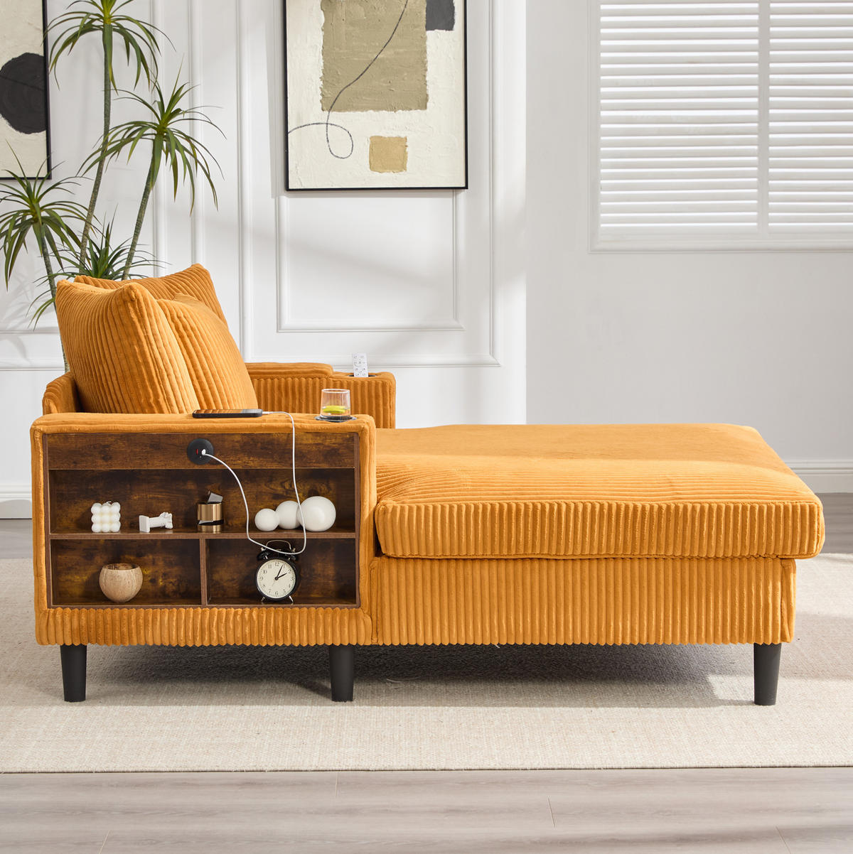 CHAISELONGUE mit USB und Stauraum 129 x 170 cm Cord Mustard Yellow - Gelb, Holz (170/70/129cm) - Meubliv