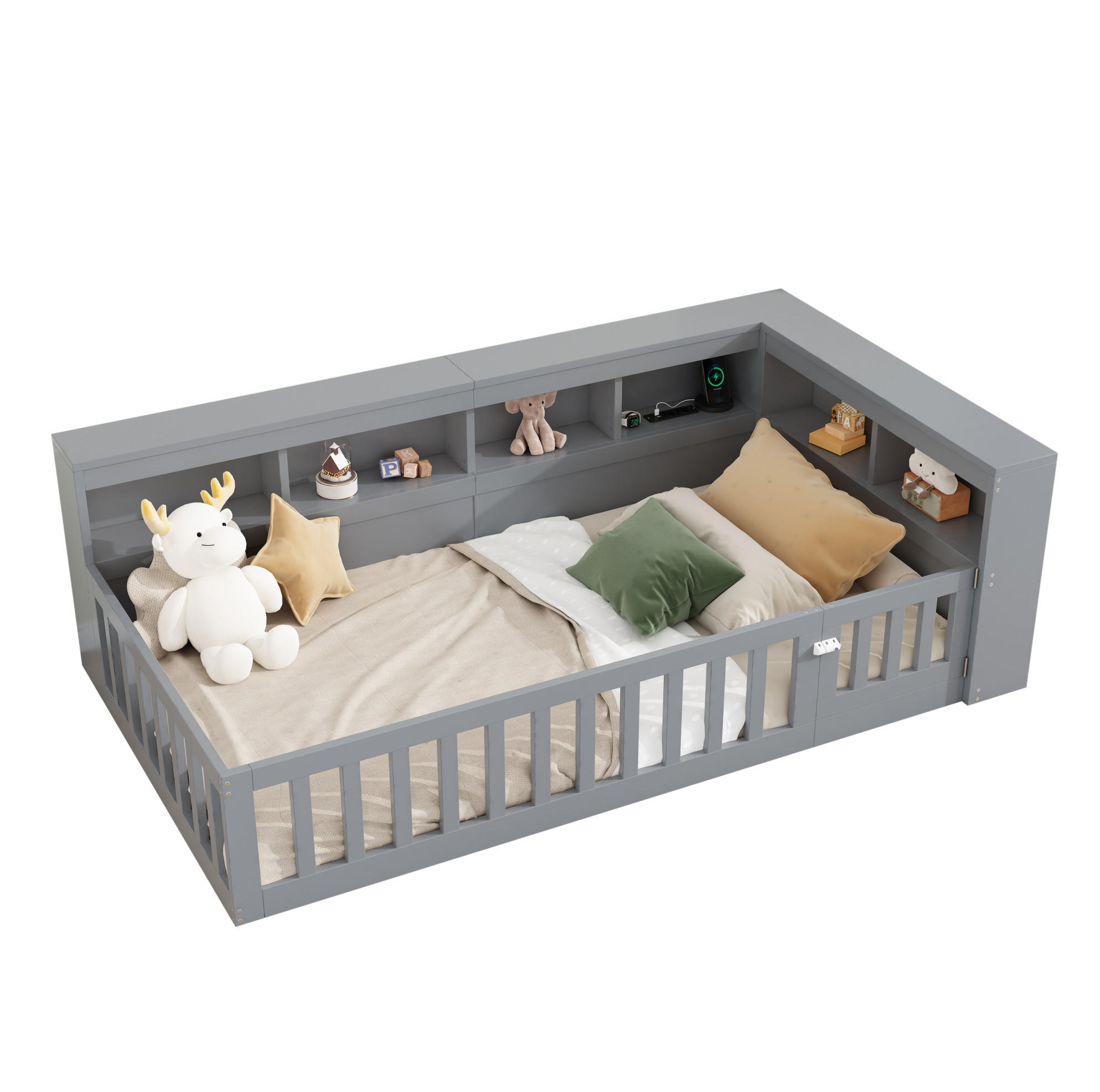 POLSTERBETT 90/200 cm Grau aus Spanplatte und MDF mit Stauraum, USB und Steckdose - Grau, Holzwerkstoff (90/200cm) - OKMYHOME