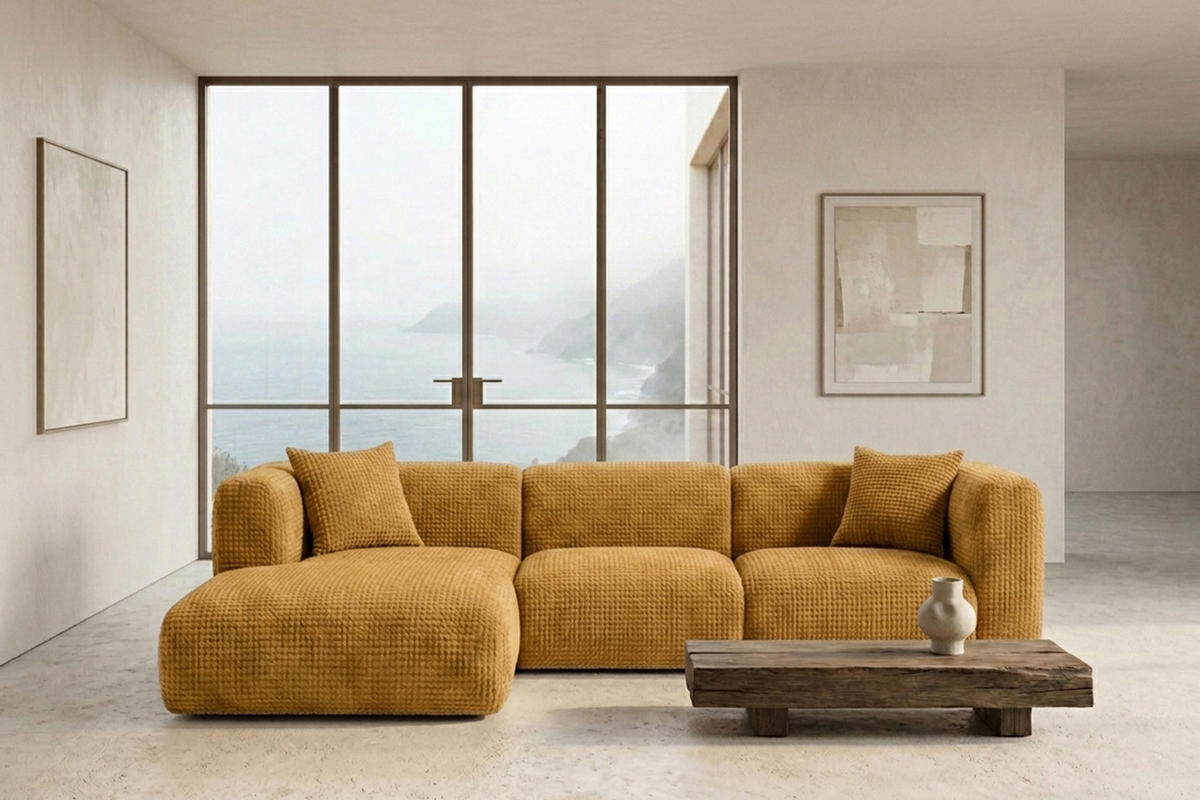 ECKSOFA L-Form, Chenille-Stoff Cremona, Golden, Links, GRETA - Goldfarben, Holz (318/179cm) - Kaiser Möbel