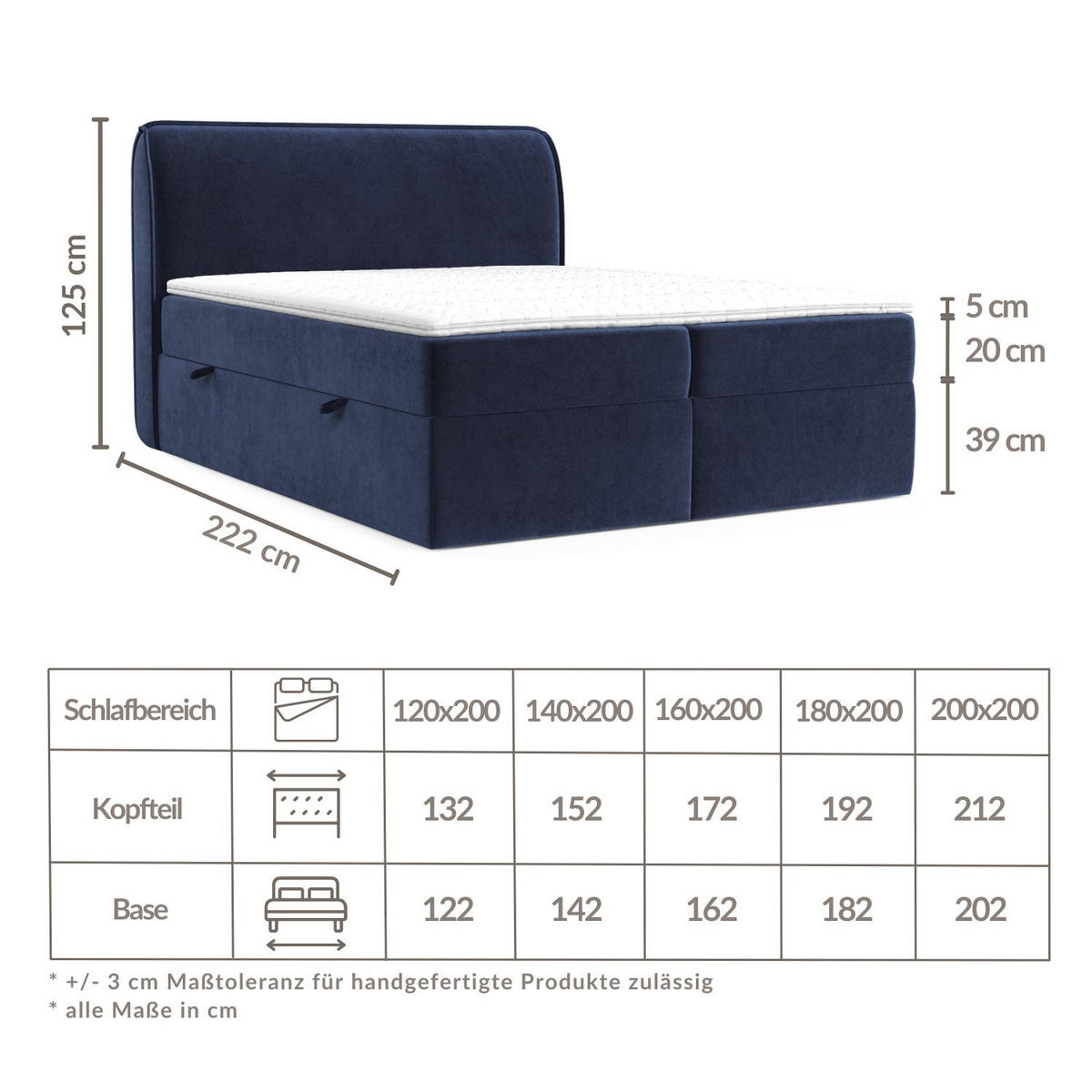BOXBETT Organic Marineblau 200/200 cm mit Bonellmatratze und Topper - Schwarz/Dunkelblau, Holz/Holzwerkstoff (200/200cm) - Maison de Reve