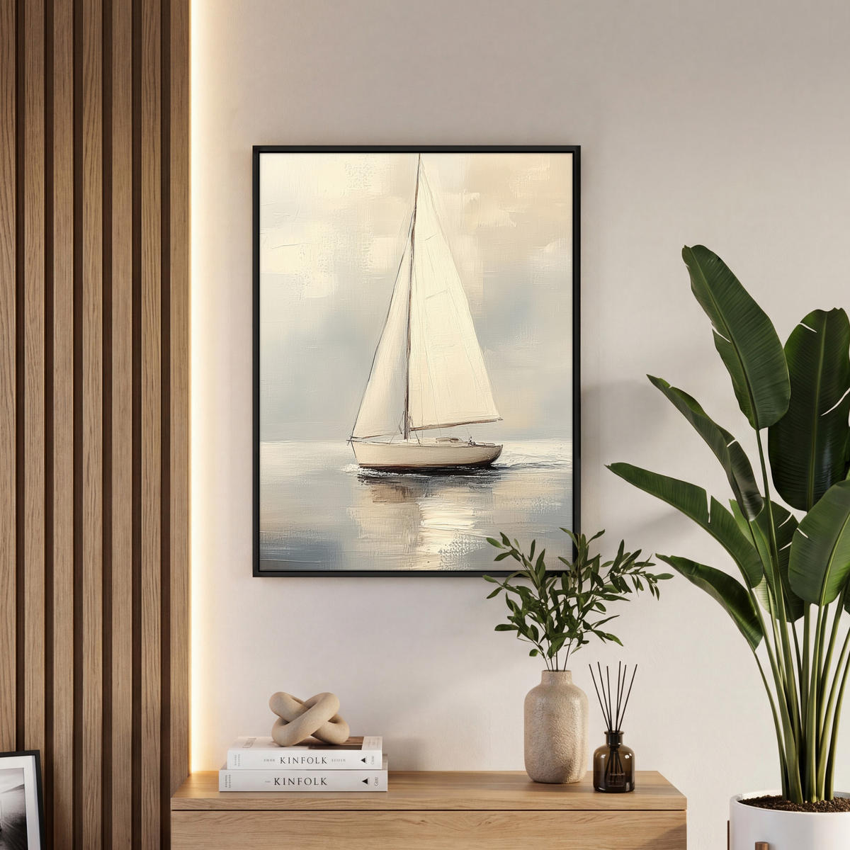LEINWAND Bilder mit Rahmen - Segelschiff - Meer - Bewölkt - 60x80 - Creme, Textil (60/80cm) - MuchoWow
