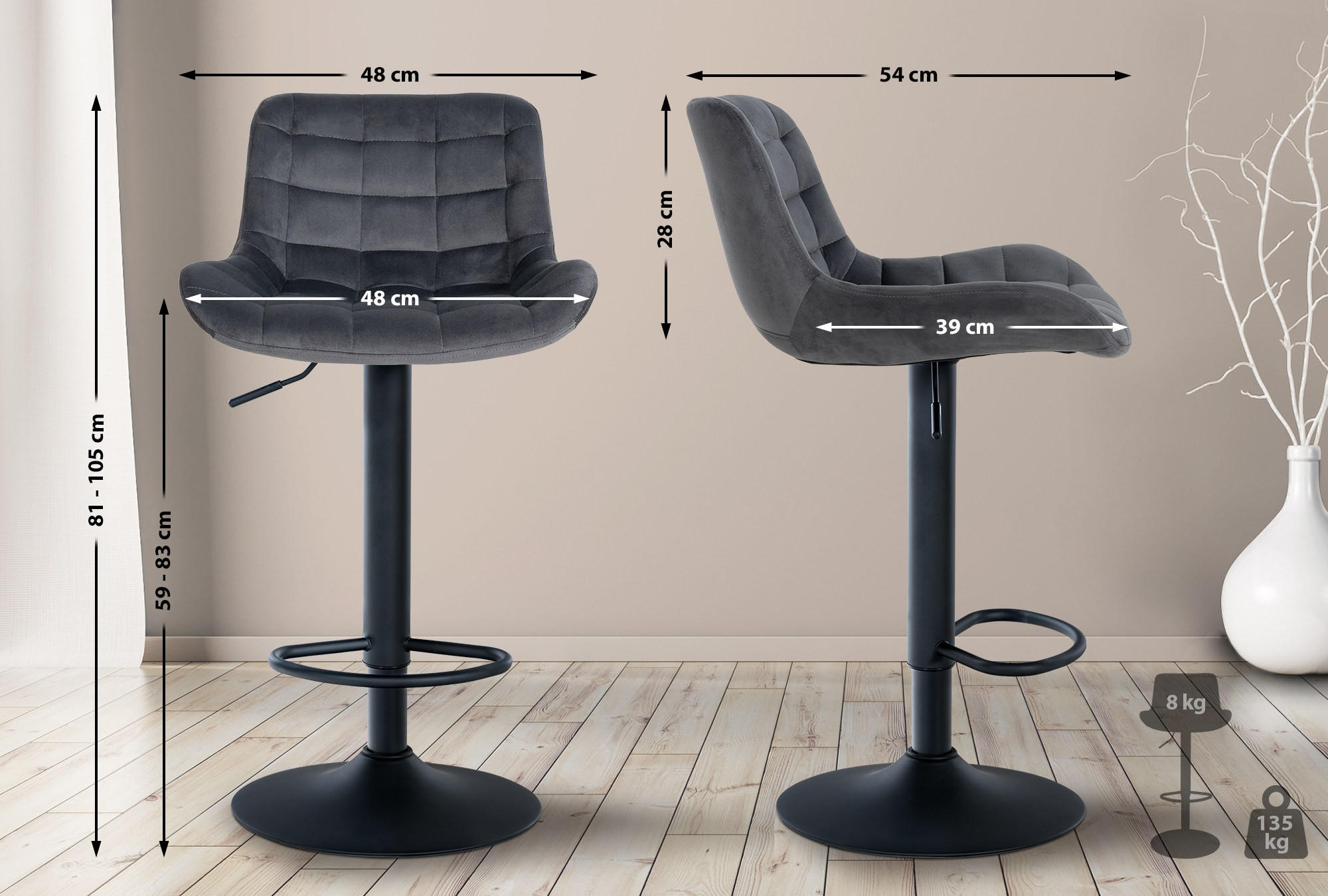 BARHOCKER Samt dunkelgrau - Dunkelgrau/Schwarz, Textil/Metall (48/81/54cm) - CLP