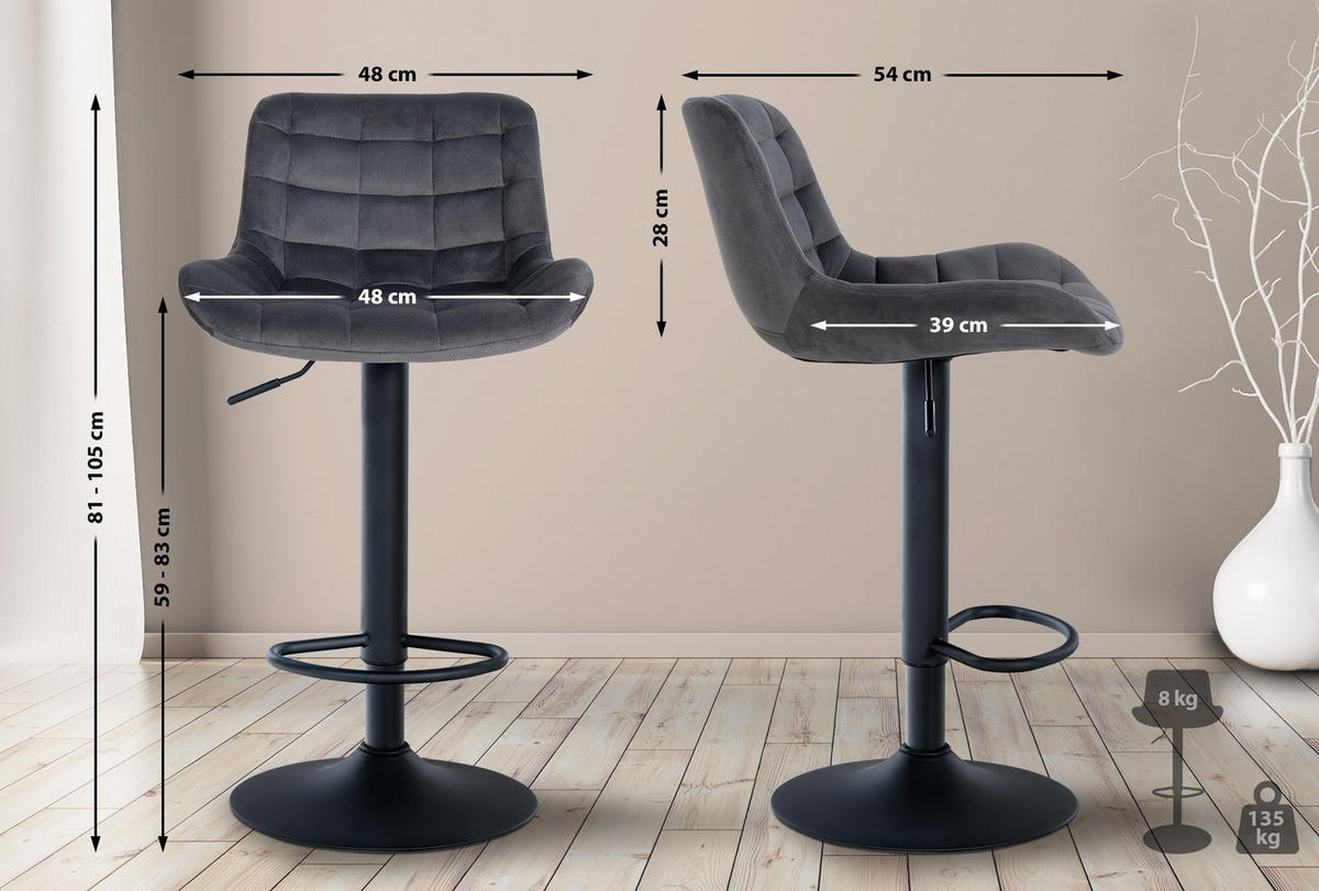 BARHOCKER 2er Set Samt dunkelgrau - Dunkelgrau/Schwarz, Textil/Metall (48/81/54cm) - CLP
