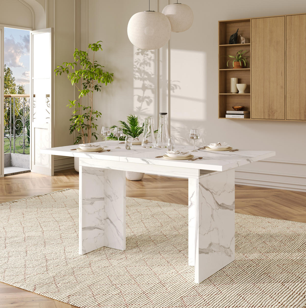 ESSTISCH aus MDF 180x80x75 cm Weißer Marmor ausziehbar für 6-8 Personen mit 30 mm starker Tischplatte - Weiß, Holzwerkstoff (180/80/75cm) - Modfu