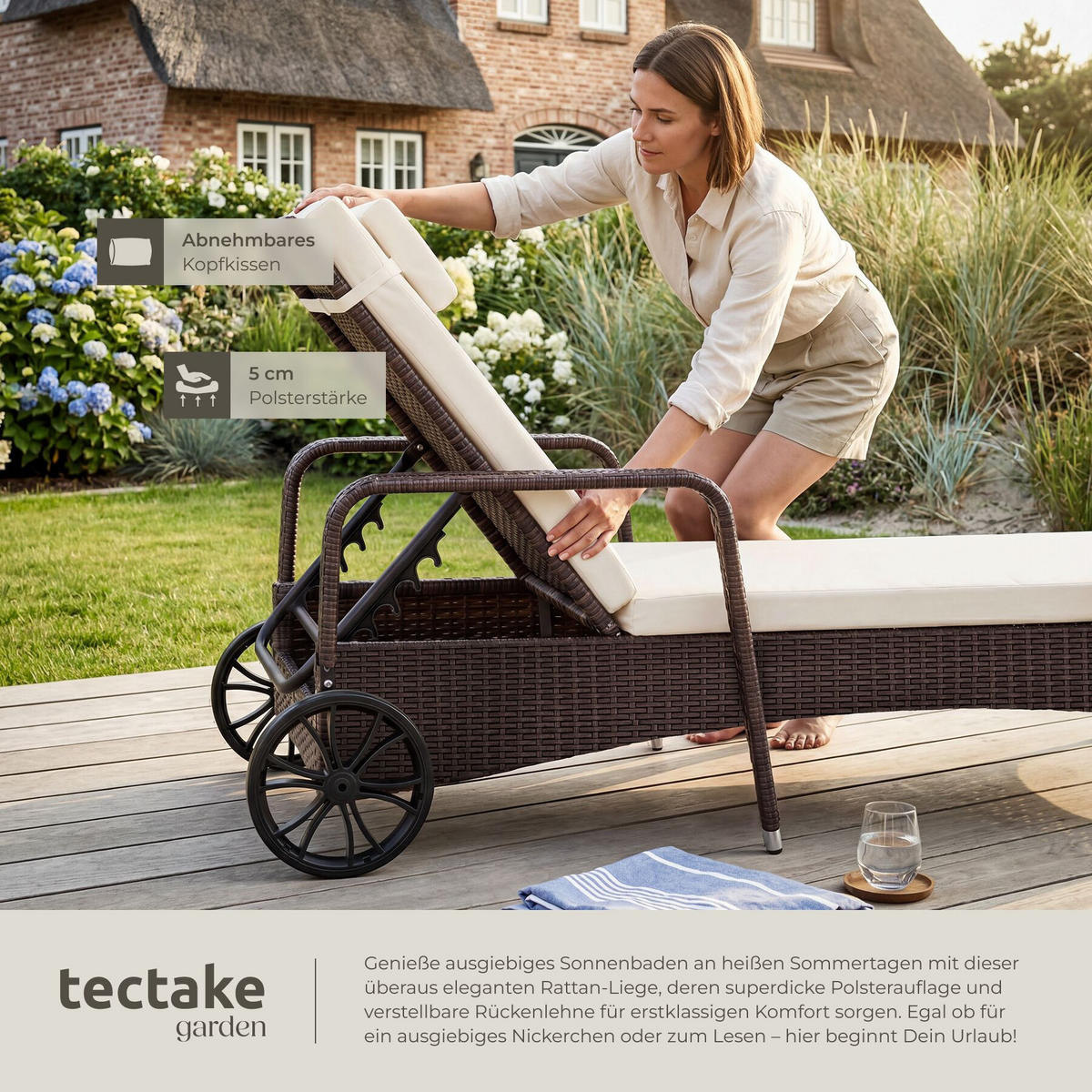 RATTAN-SONNENLIEGE, 200 x 70 x 33 cm, braun gemischt - Braun, Kunststoff (70/33/200cm) - tectake