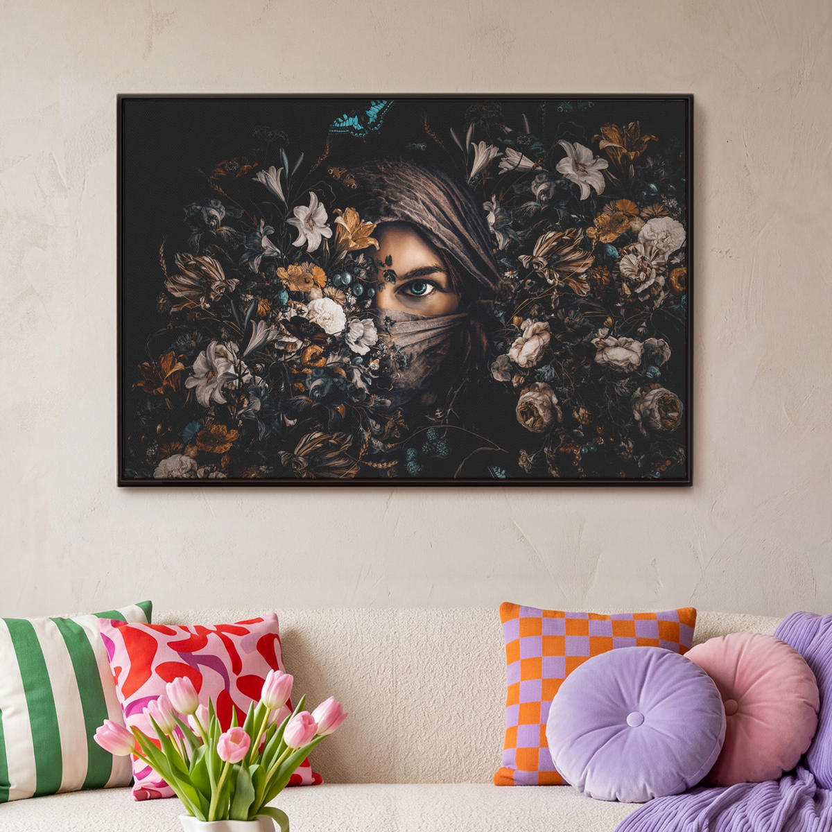 LEINWAND Bilder mit Rahmen - Frau - Luxus - Blumen - Schmetterling - Porträt - 90x60 - Schwarz, Textil (90/60cm) - MuchoWow