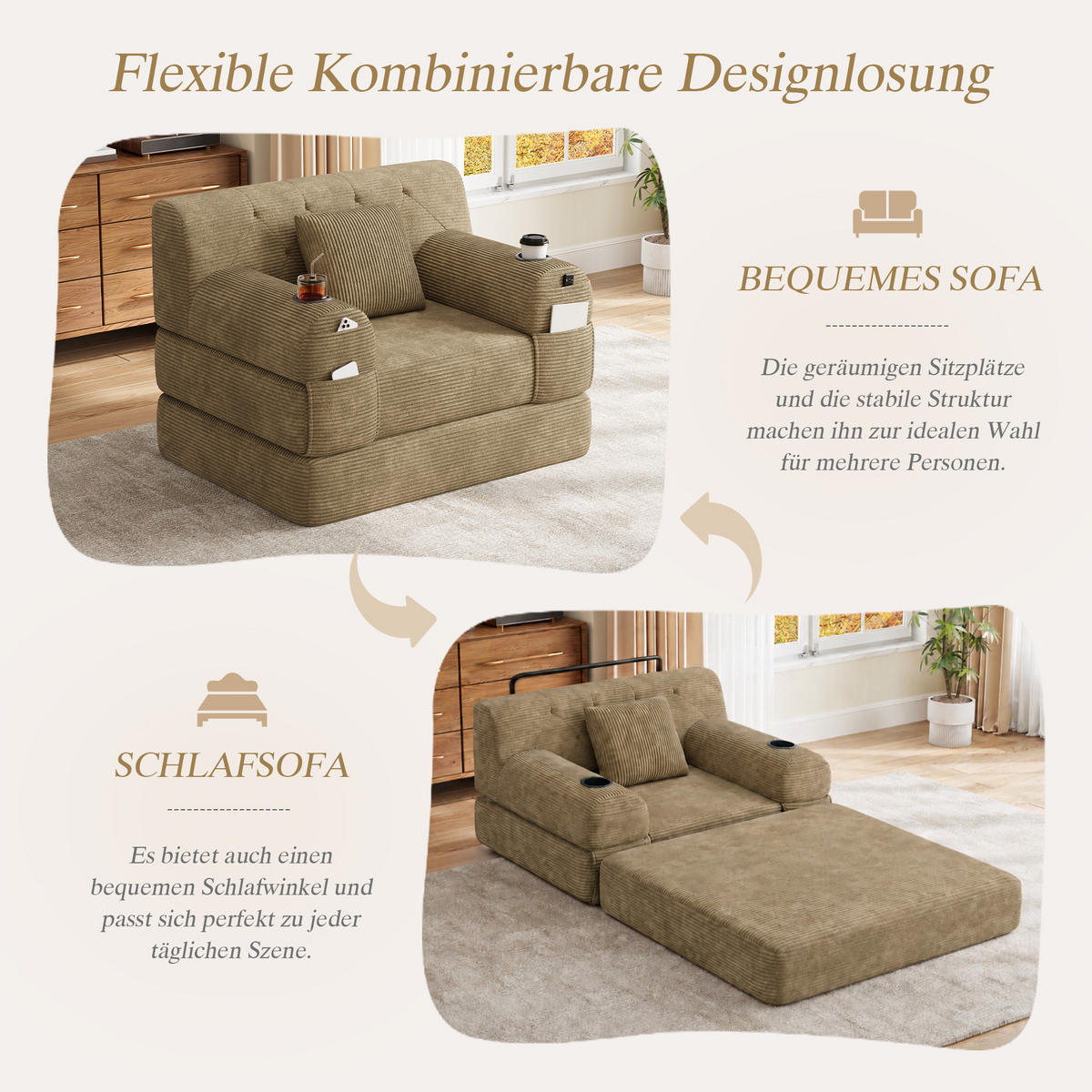 ROZKLÁDACÍ KŘESLO Khaki z manšestru s držáky nápojů - písková barva, textil (107/81/80cm) - Urban Meuble