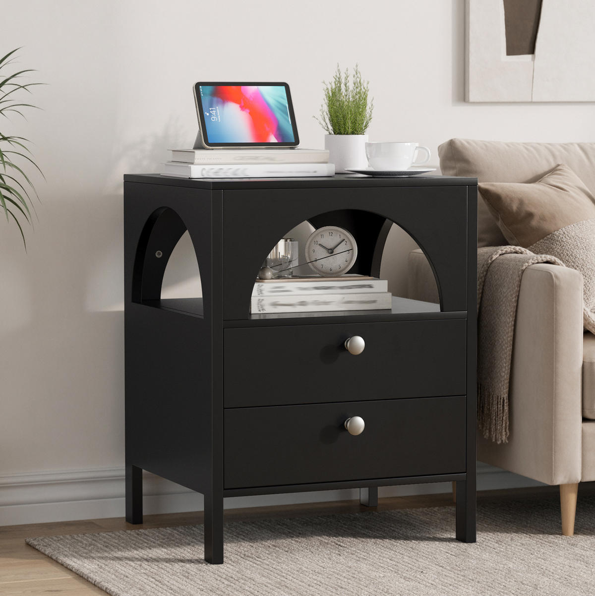 NACHTTISCH aus MDF mit 2 Schubladen & offenem Fach, 45/40/58 cm, Schwarz - Schwarz, Holzwerkstoff (40/58/45cm) - Redom