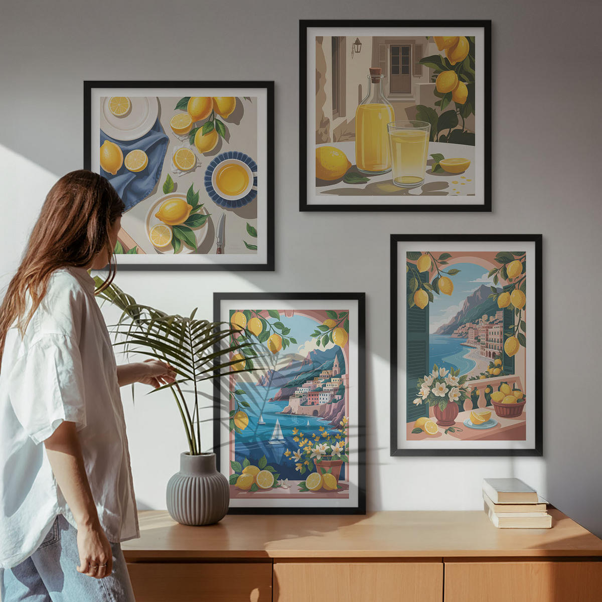 WANDBILDER 4er-Set - 50x50 cm & 40x60 cm Schwarzer Rahmen - Meerblick, italienische Zitronen - Schwarz, Kunststoff (50/50cm) - ArtPrintCave