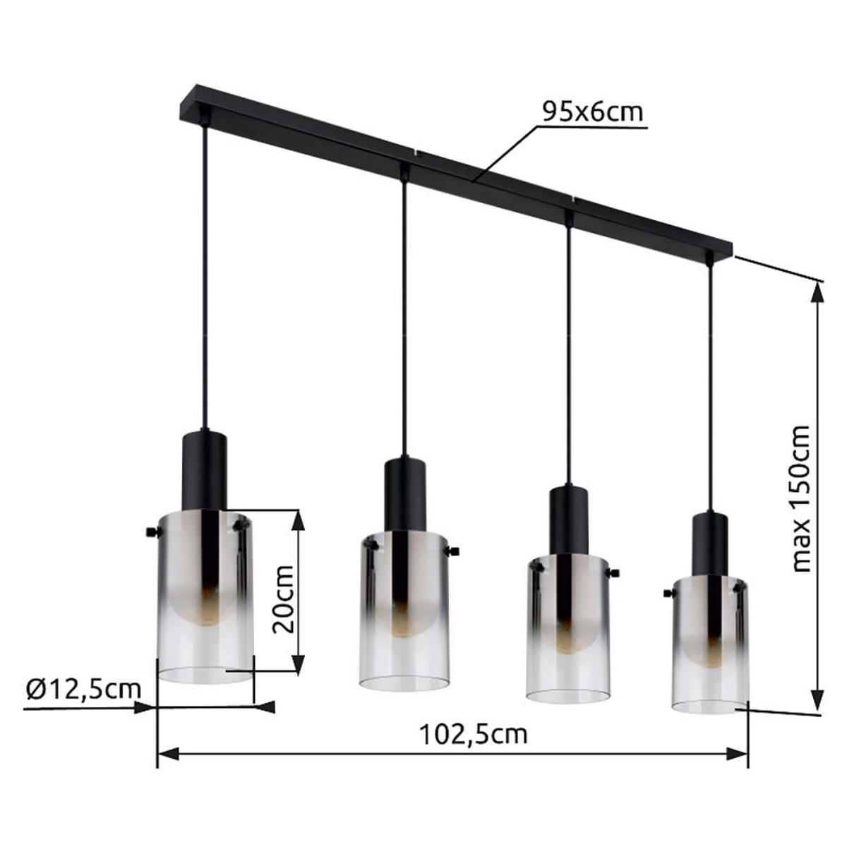 HÄNGELEUCHTE Florentina Metall Schwarz - Schwarz, Glas (102.5/12.5/150cm) - Globo Lighting