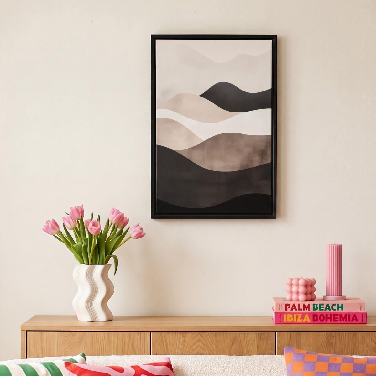 LEINWAND Bilder mit Rahmen - Abstrakt - Landschaft - Wellen - Cremefarben - 20x30 - Cappuccino, Textil (20/30cm) - MuchoWow