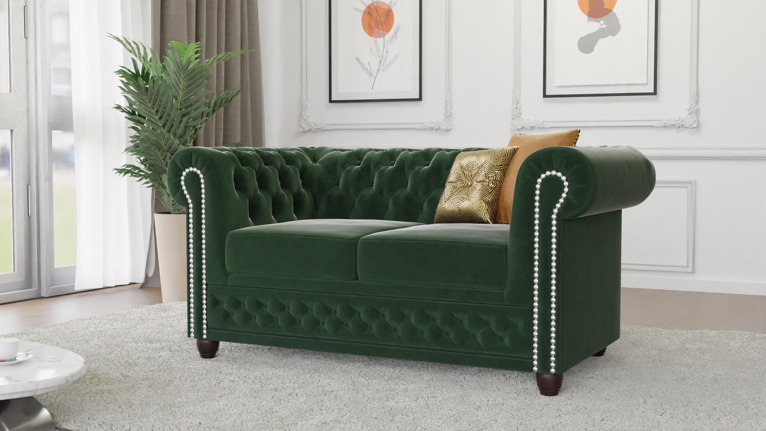 CHESTERFIELD-SOFA 2-sitzer mit Schlaffunktion Nyx Flasche grün Samt - Smaragdgrün/Braun, Holz/Textil (148/72/86cm) - S-Style Möbel