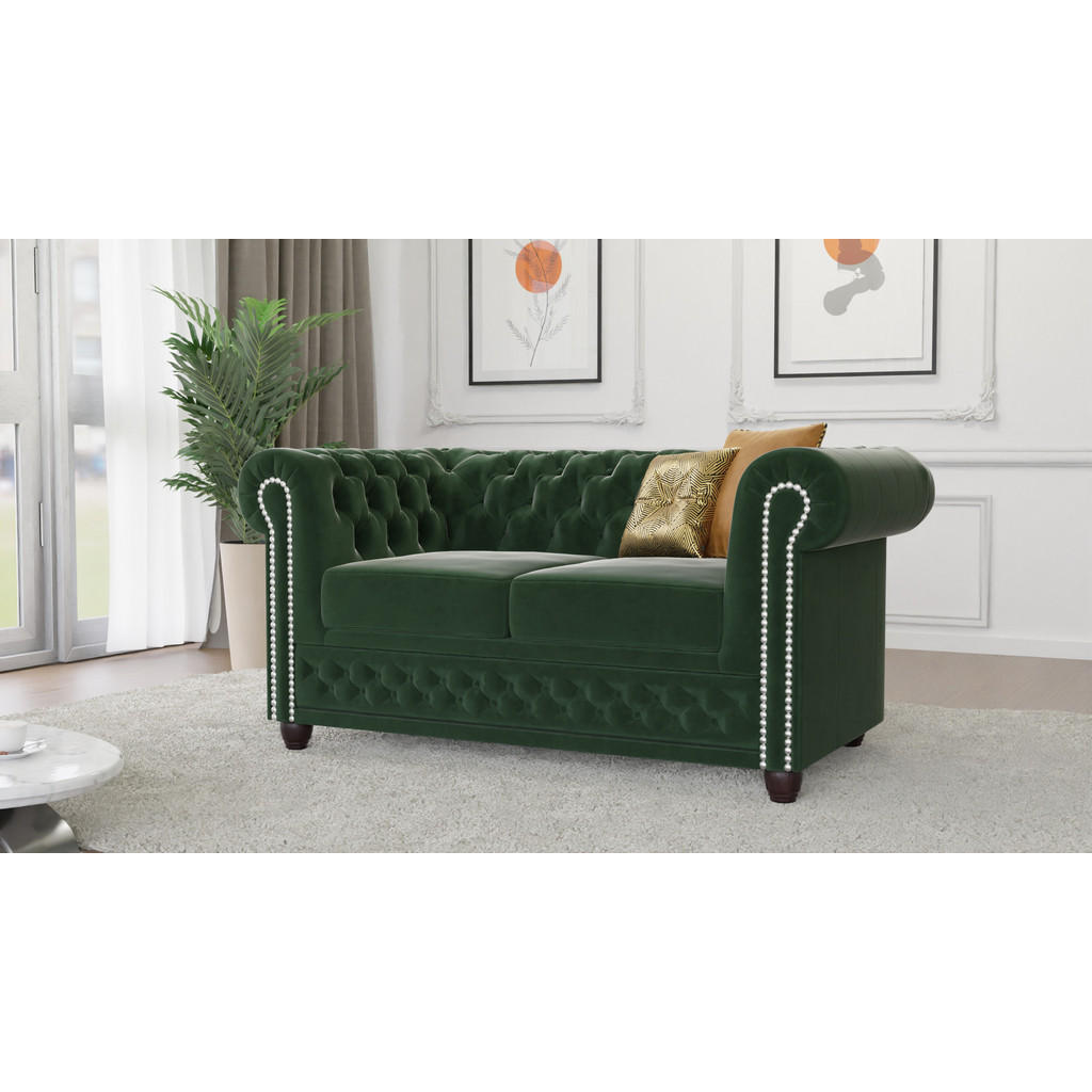 Thumbnail - S-Style Möbel Chesterfield-Sofa, Smaragdgrün, Textil, Echtholz, Teilmassiv,Buche, Birke, 2-Sitzer, Füllung: Komfortschau...