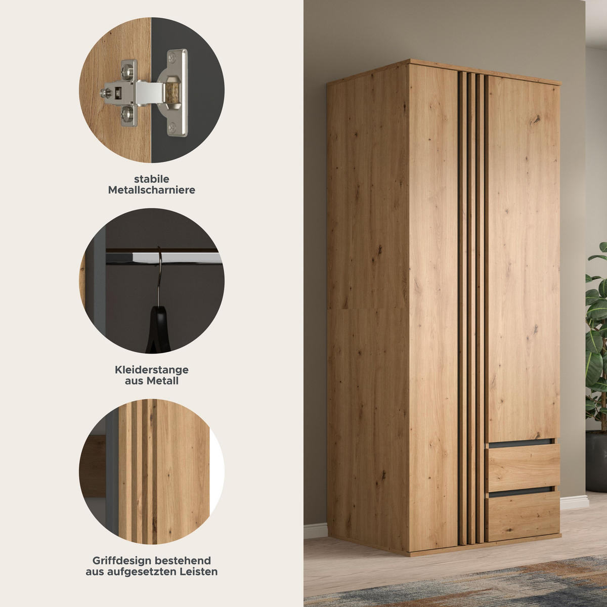 KLEIDERSCHRANK 2-türig TOFTA (B/H/T: ca. 80/192/56 cm) in Artisan Eiche Nachbildung/Artisan Eiche Nachbildung - Eiche Artisan, Holzwerkstoff (80/192/56cm)