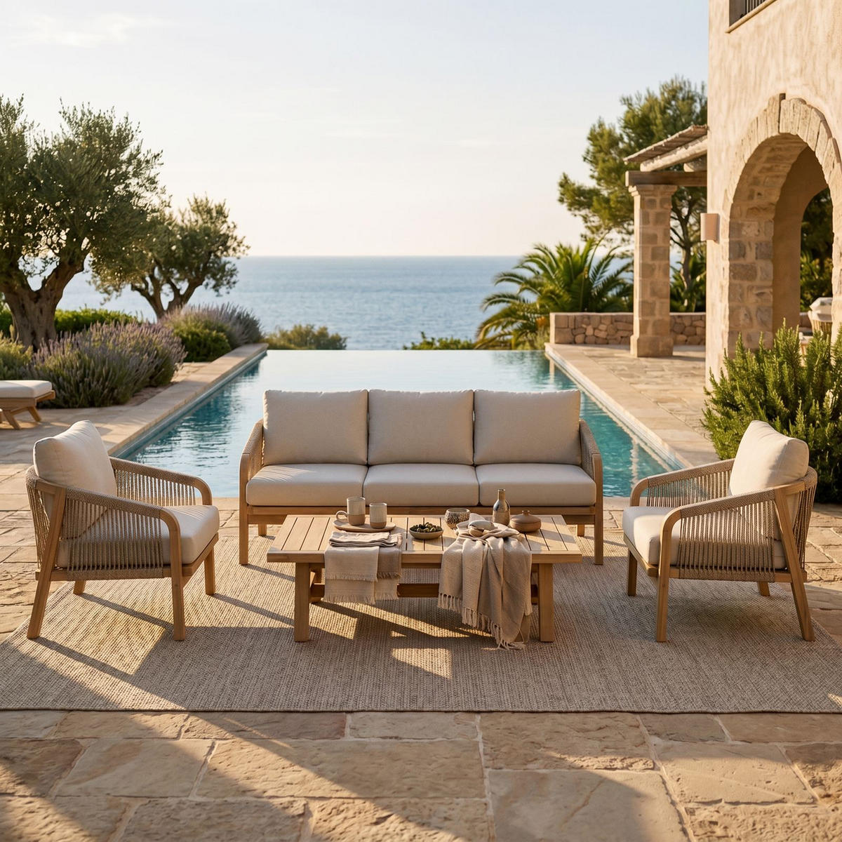 GARTENLOUNGE SANYA 4er Set beige, natur - Beige, Holz/Textil - IDIMEX