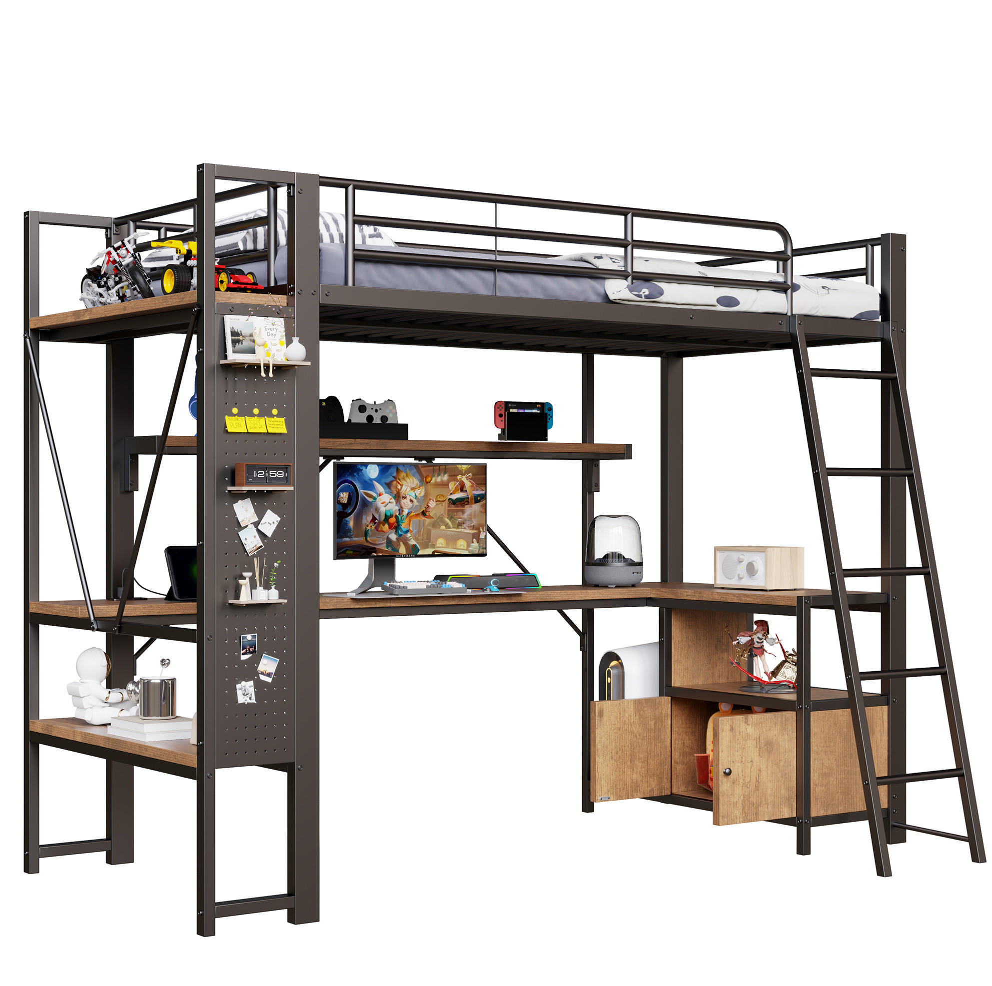 HOCHBETT 90/200 cm aus Metall mit Schreibtisch, LED-Beleuchtung und Stauraum - Schwarz, Metall (90/200cm) - Flora Grace