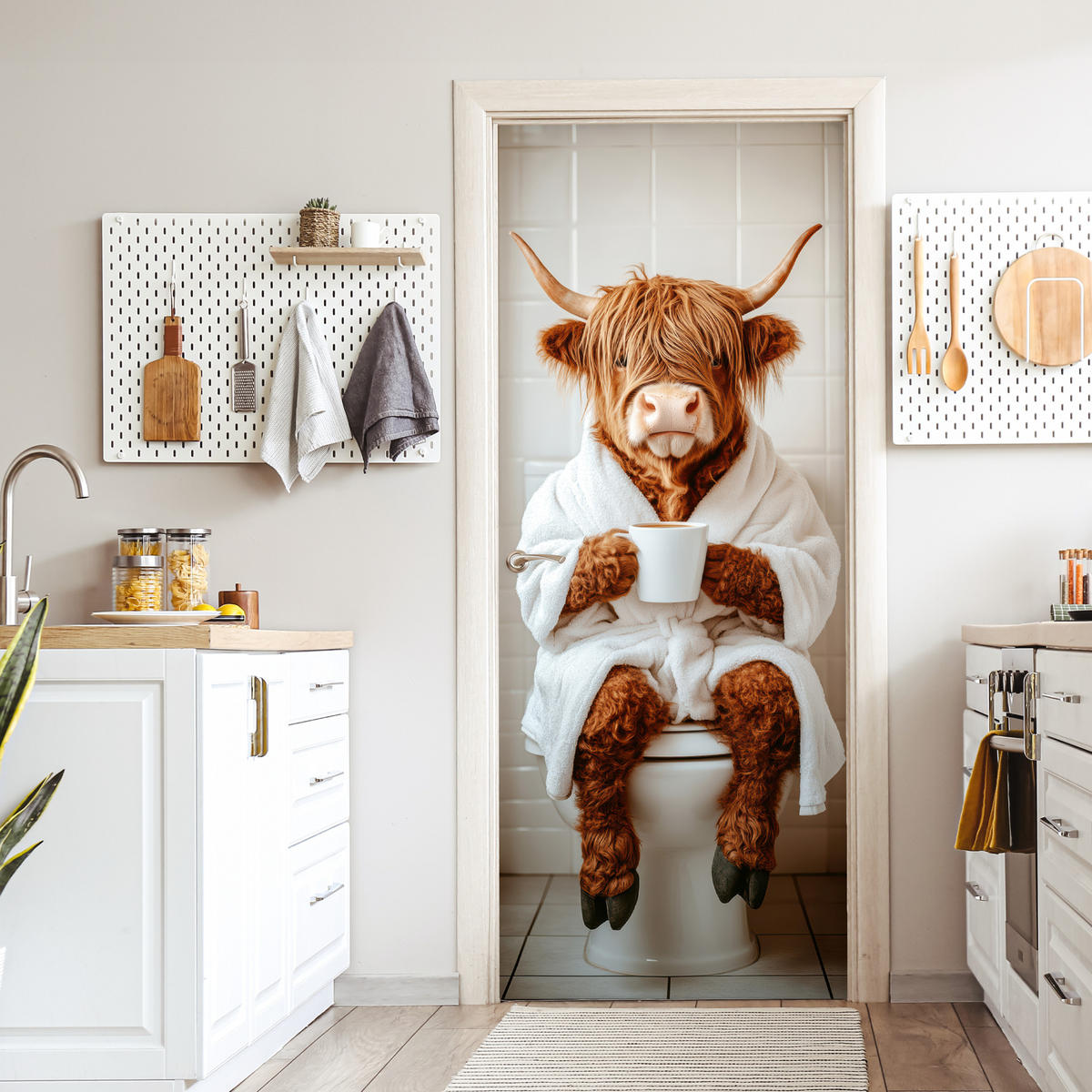 TÜRAUFKLEBER Selbstklebend - Schottisches Hochlandrind - WC - Bademantel - Modern - Tiere 95x215 cm - Türtapete - Kastanienfarben, Kunststoff (95/0.1cm) - MuchoWow