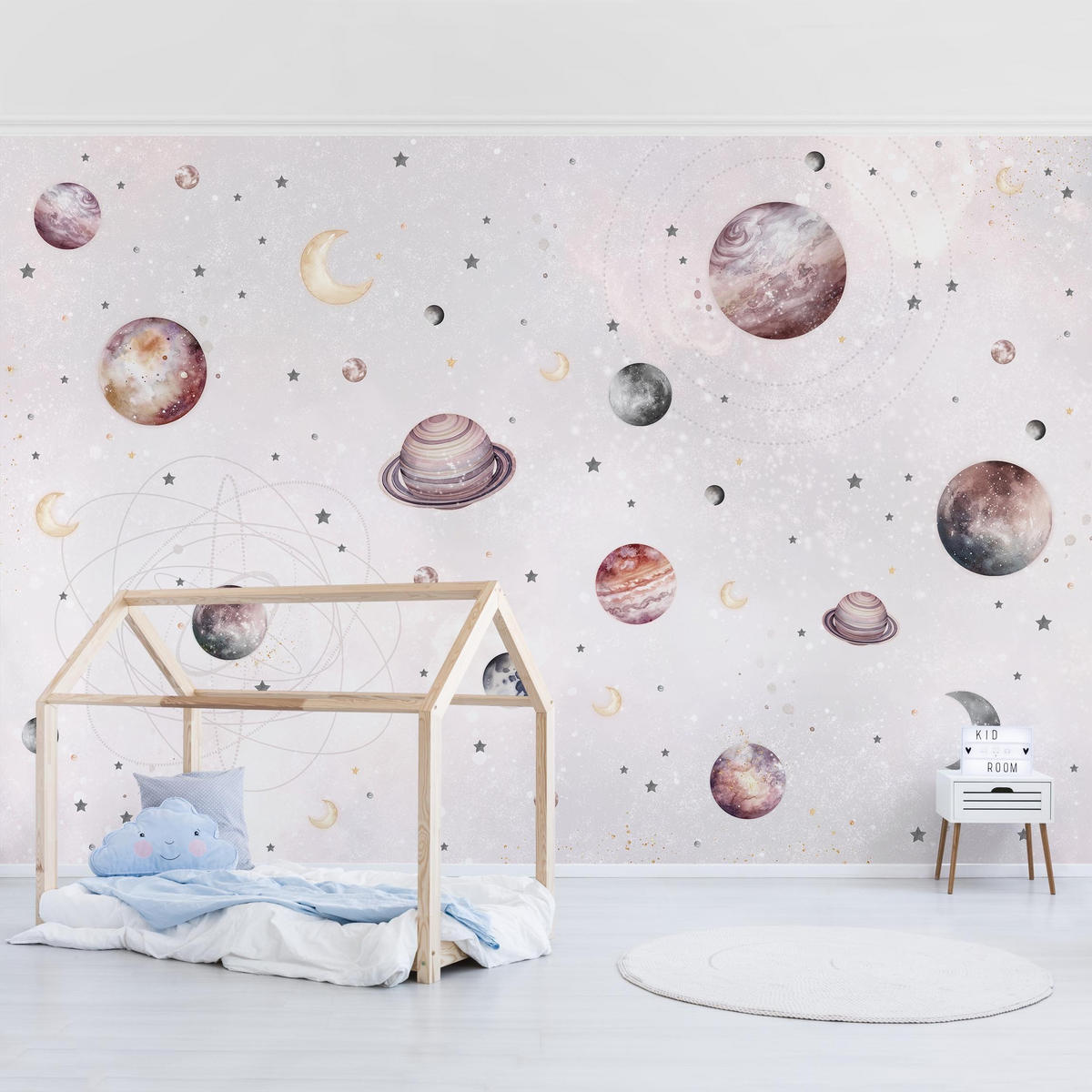 FOTOTAPETE Aquarell Planeten, Mond und Sterne 432/290 cm - Pastellblau, Papier (432/290cm) - Bilderwelten