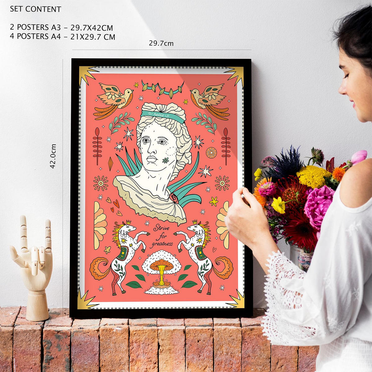 POSTER Set Mit 6 groovige Rose Größe A3 & A4 Rahmen aus hellem Holz - Beige, Papier (29.7/1cm) - Nacnic