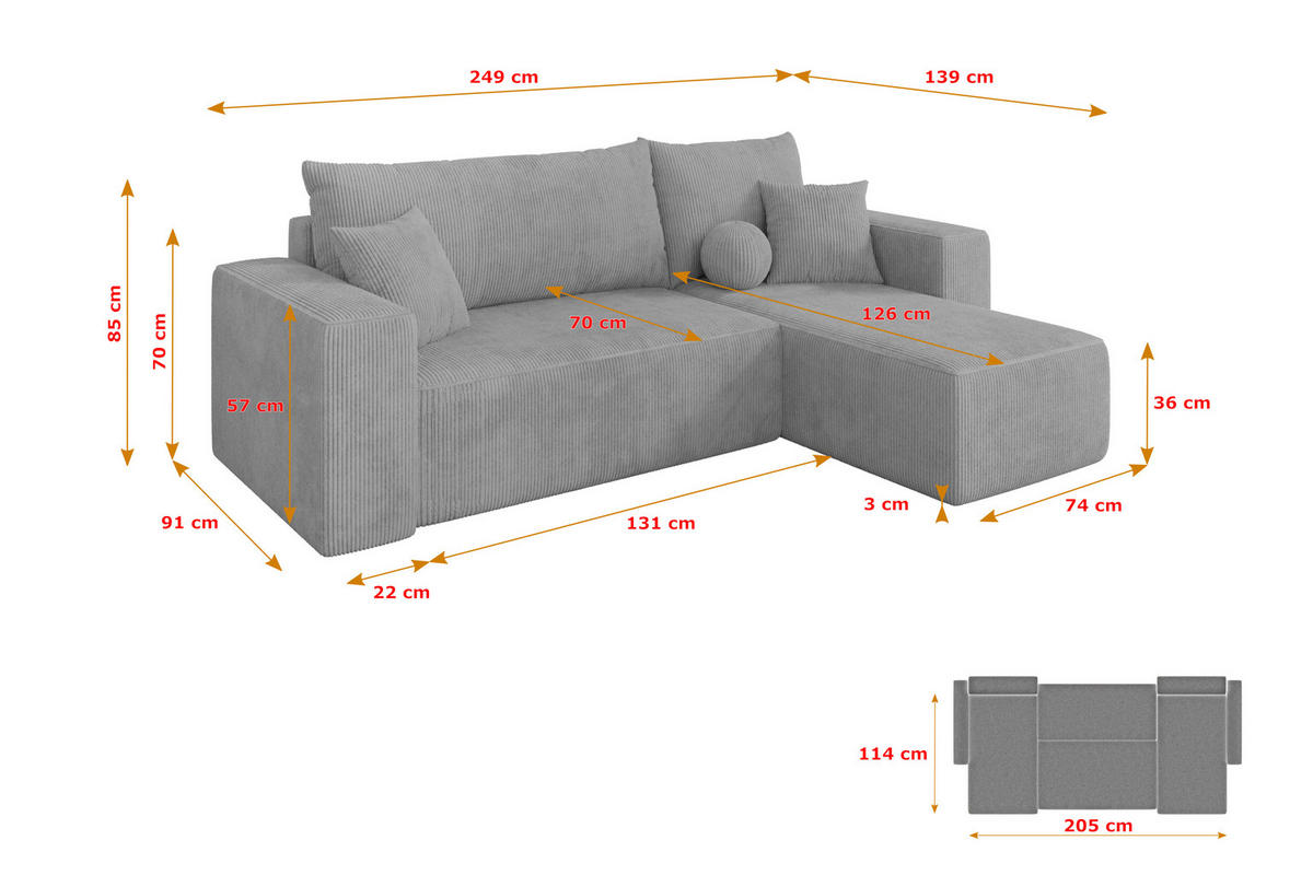 ROHOVÁ SEDAČKA s funkcí spaní, otoman vpravo SENO-L 249x139x85 šedá manšestr - šedá/černá, kompozitní dřevo/textil (249/139cm) - ALTDECOR