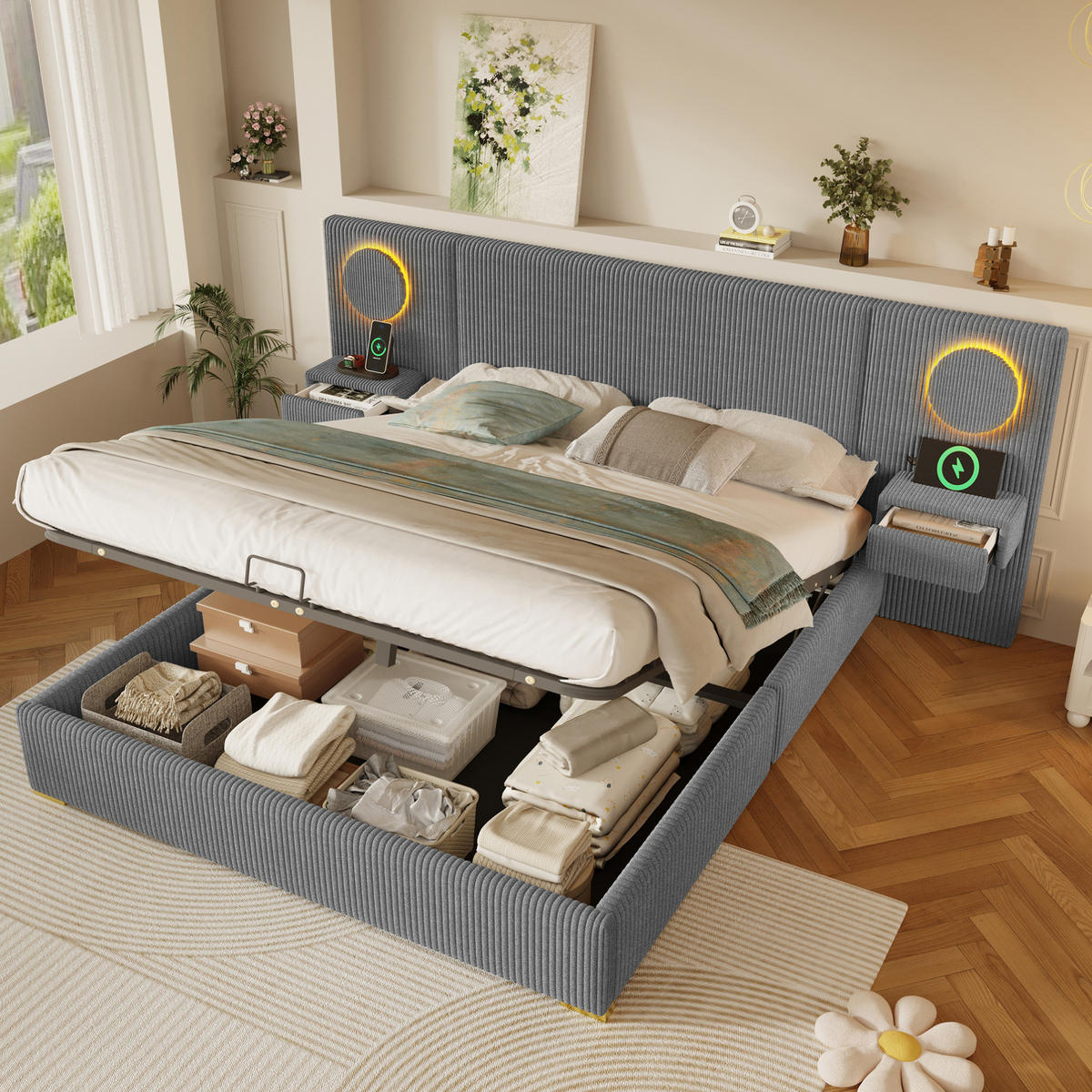 POLSTERBETT 180x200 cm in Grau mit LED-Kopfteil, USB-Anschlüssen und Stauraum - Grau, Textil (180/200cm) - IVMEU