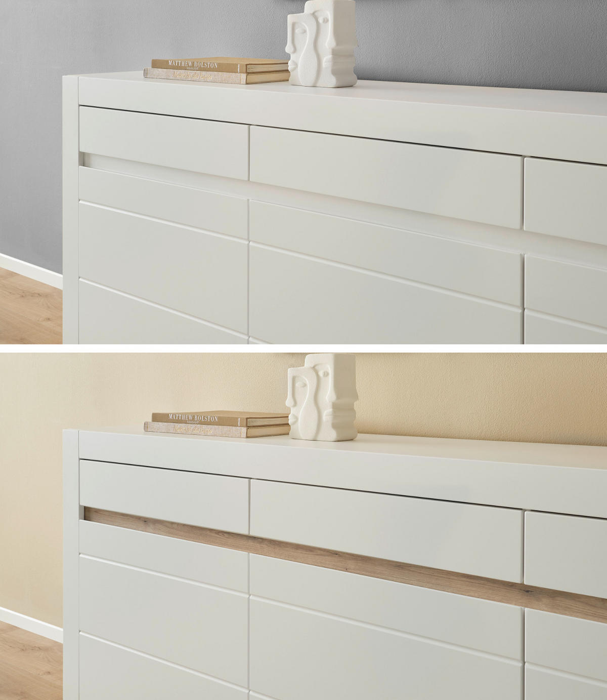 SIDEBOARD weiß matt, Evoke Eiche, Kommode 217 x 90 cm, Soft-Close-Funktion - Eichefarben/Silberfarben, Holzwerkstoff/Kunststoff (217/90/42cm) - Furn.Design