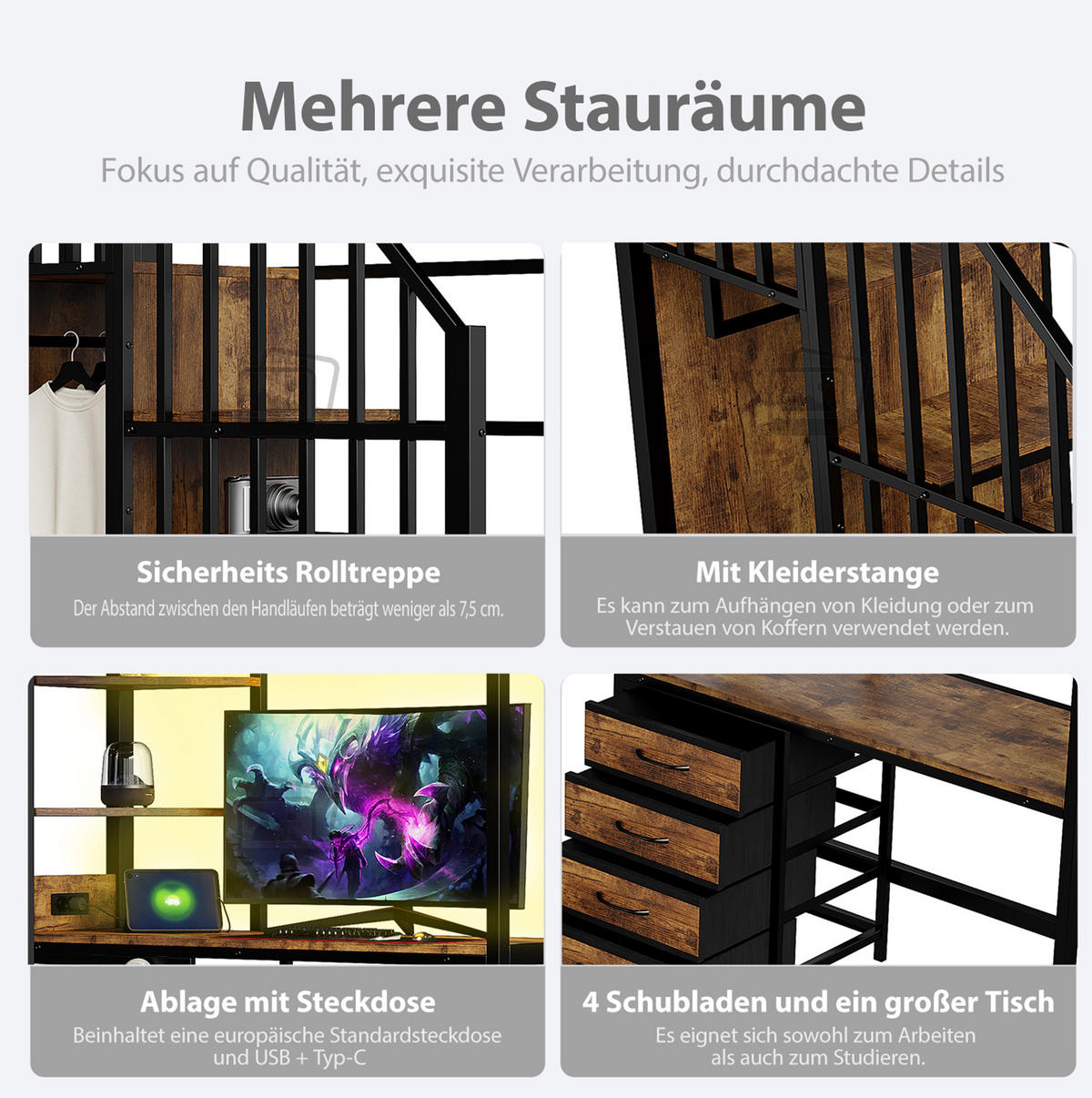 HOCHBETT 90/200 cm aus Metall mit Schreibtisch, Ablagen, Kleiderstange, LED und Steckdose, Schwarz - Schwarz, Metall (90/200cm) - Redom